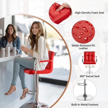 Juego de 2 taburetes de Bar giratorios Ajustables de Piel sintética, sillas hidráulicas de Barra con reposabrazos y Respaldo para Bar, Cocina, Comedor, Color Blanco