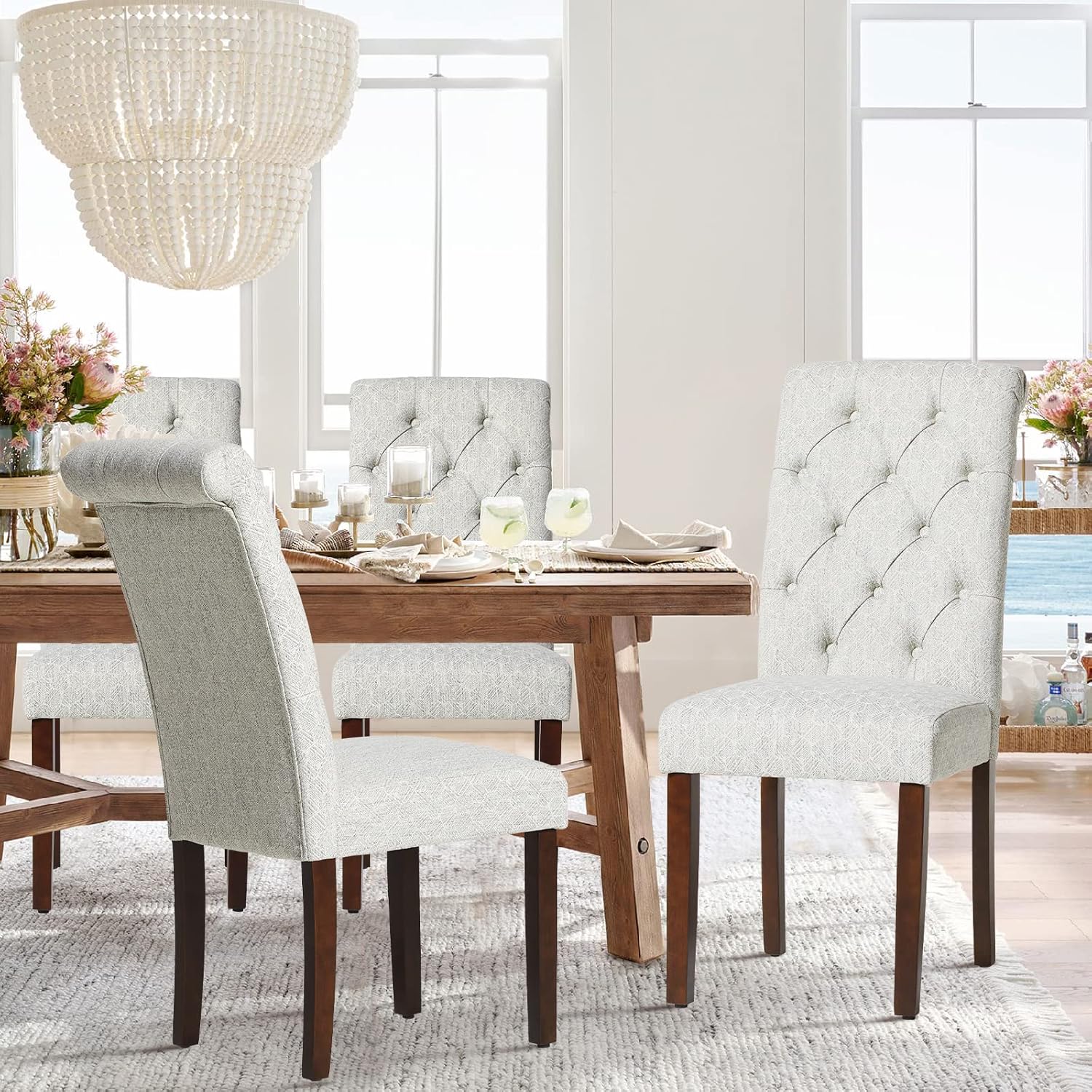 COLAMY - Juego de 6 sillas de Comedor con Botones y tapizadas, con Patas de Madera Maciza y Asiento Acolchado para Comedor, Cocina, Color Gris
