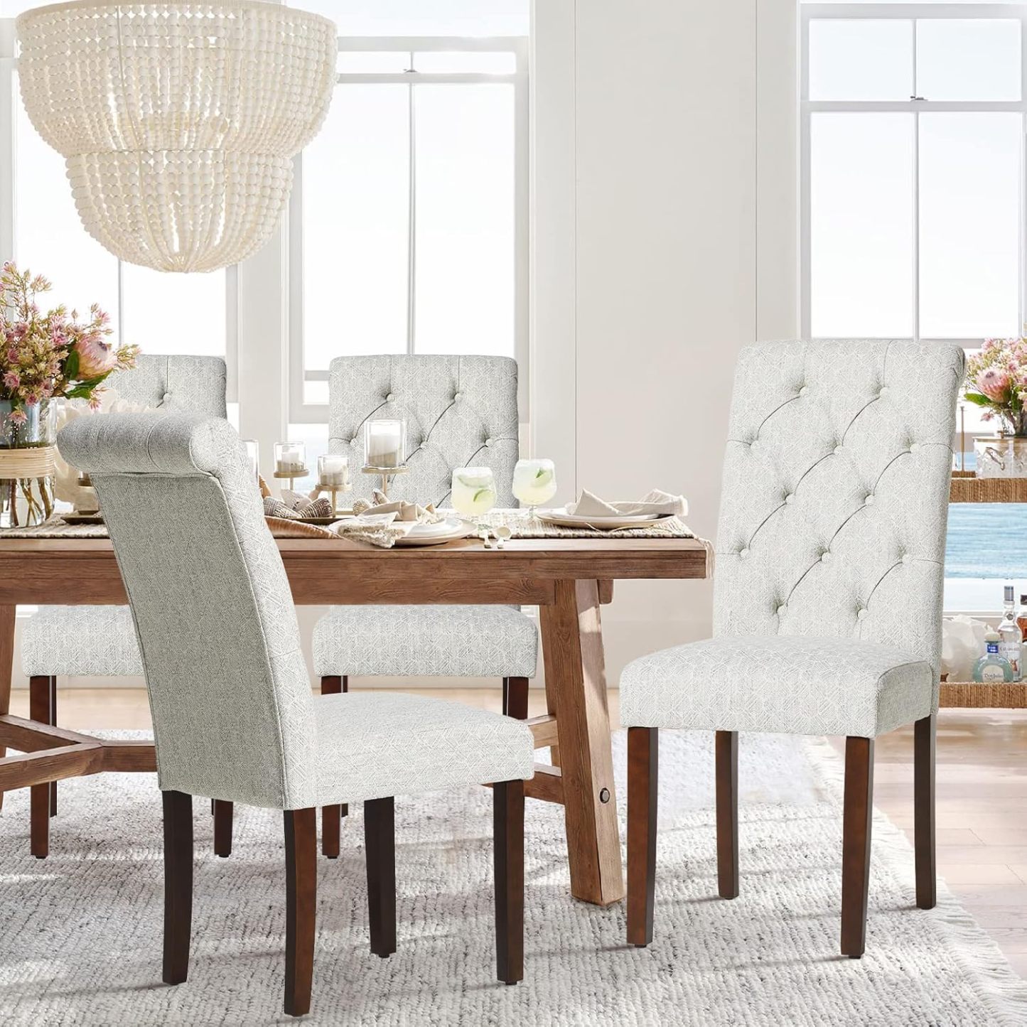 COLAMY - Juego de 6 sillas de Comedor con Botones y tapizadas, con Patas de Madera Maciza y Asiento Acolchado para Comedor, Cocina, Color Gris