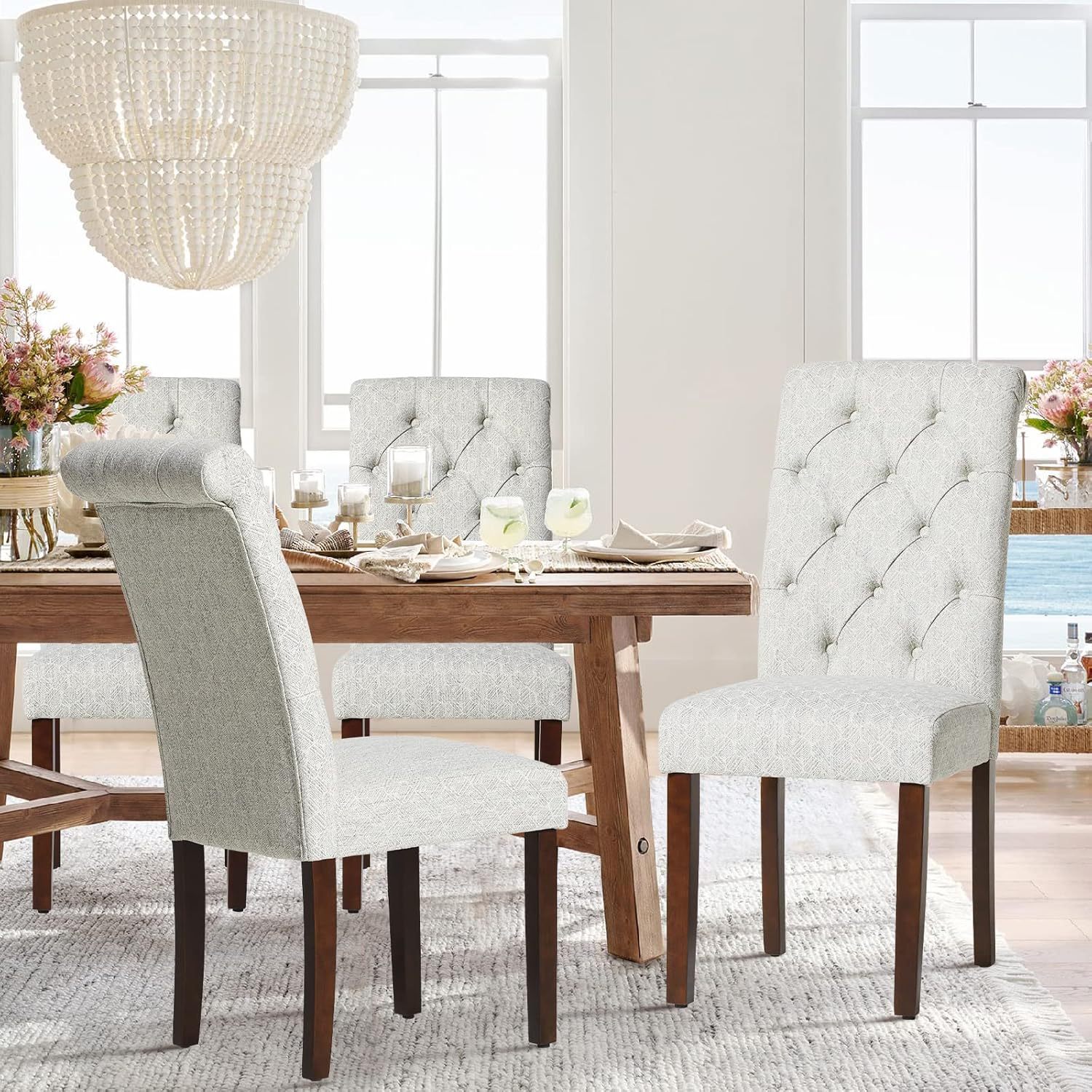 COLAMY - Juego de 6 sillas de Comedor con Botones y tapizadas, con Patas de Madera Maciza y Asiento Acolchado para Comedor, Cocina, Color Gris