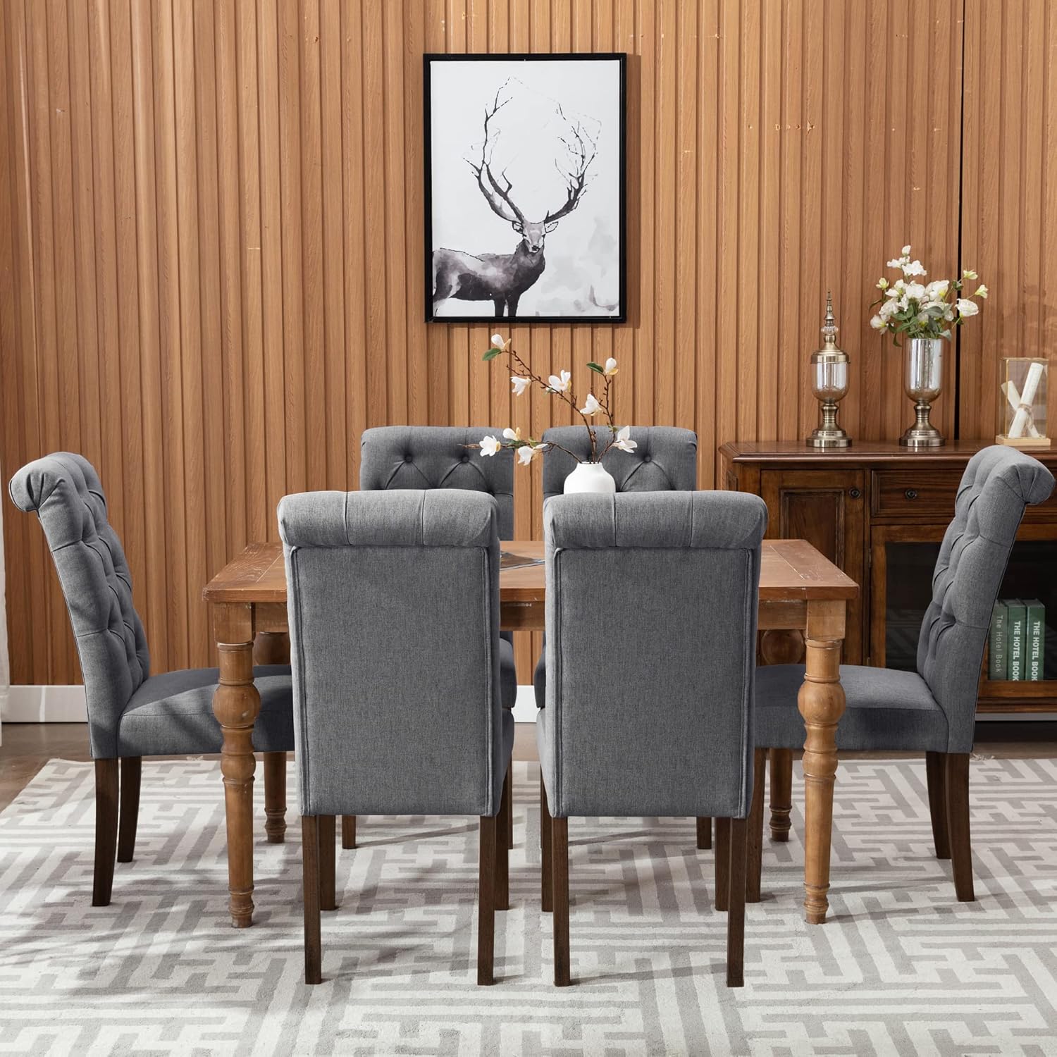 COLAMY - Juego de 6 sillas de Comedor con Botones y tapizadas, con Patas de Madera Maciza y Asiento Acolchado para Comedor, Cocina, Color Gris