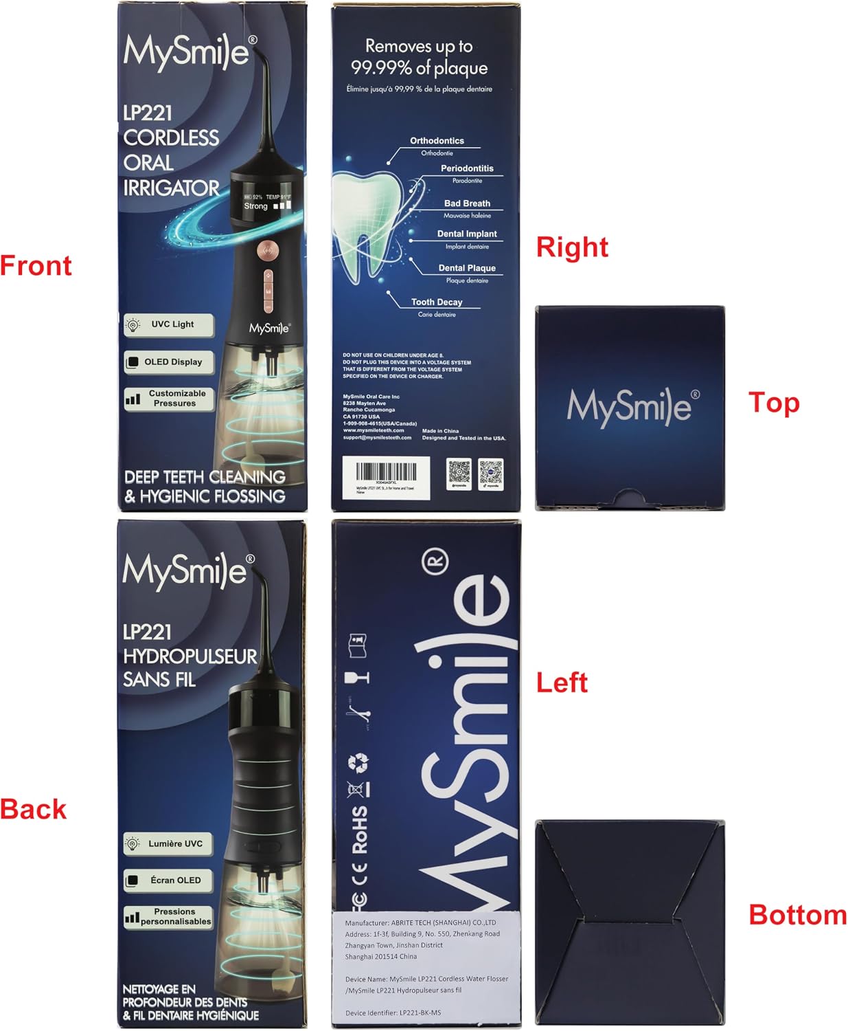 MySmile Irrigador Bucal Portátil, 5 Modos, 50–150 PSI, Depósito de 350 ml, 8 Boquillas y Recarga USB — Paquete de 3
