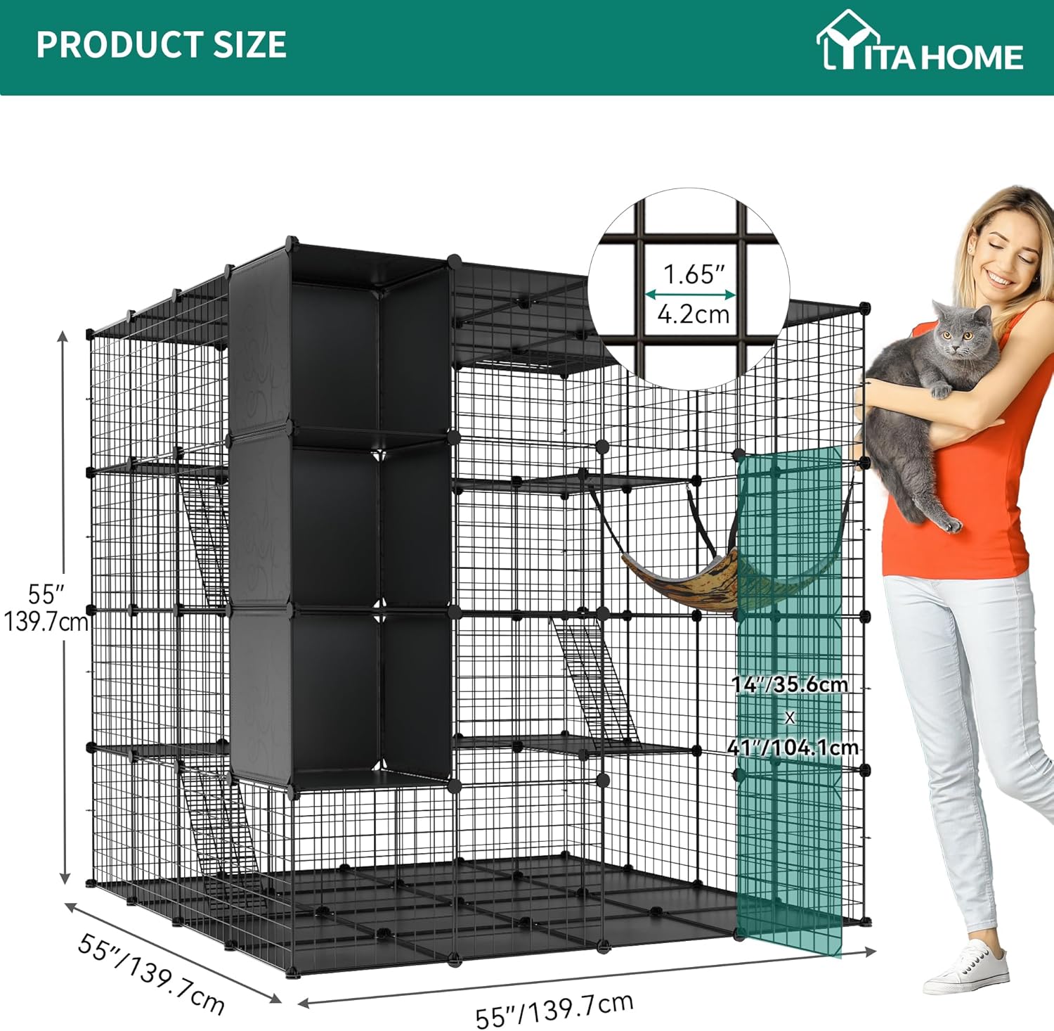 YITAHOME - Jaula Grande para Gatos con Cubo de Almacenamiento, Caja para Interiores de Metal con Hamaca para múltiples Mascotas, 4 Niveles de Perrera de Gato Negro, 140 x 140 x 140 cm