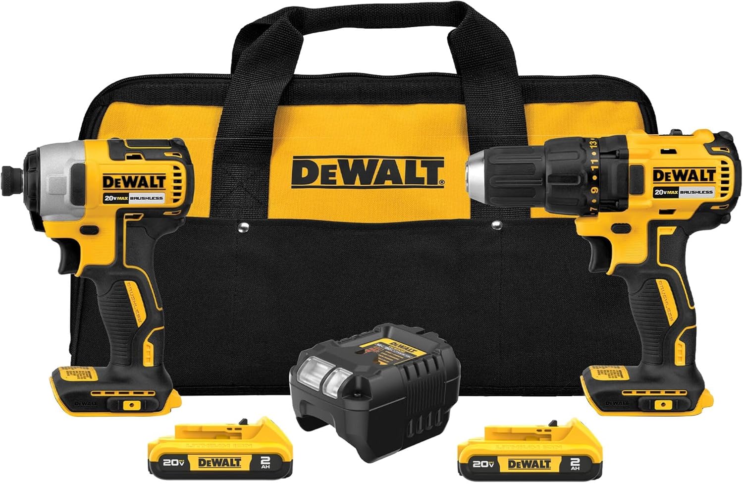 DEWALT - Taladro inalámbrico de 20 V MAX, driver de impacto, kit combinado de herramientas eléctricas de 2 herramientas, juego de herramientas eléctricas sin escobillas con 2 baterías y cargador