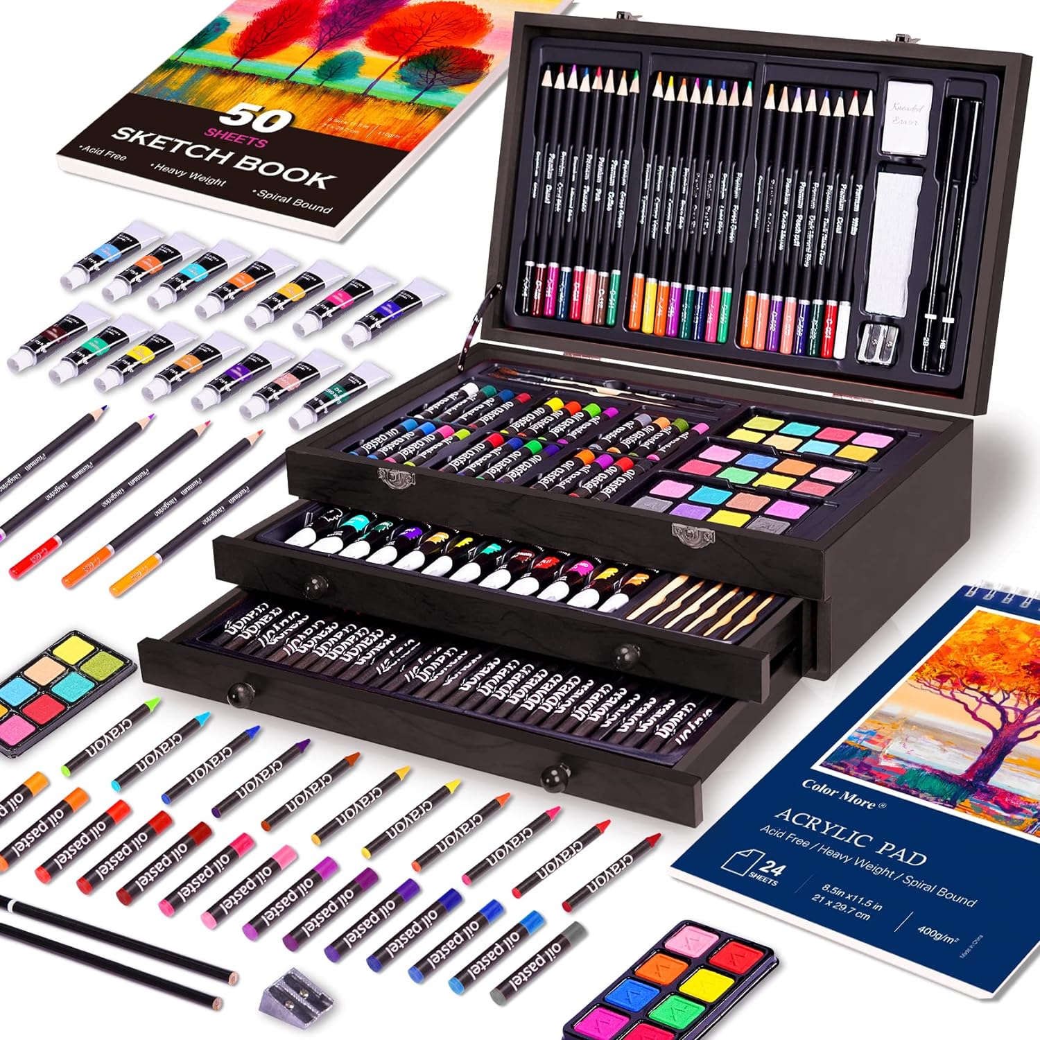 Juego de arte de lujo de 175 piezas con 2 almohadillas para orejas de dibujo, pinturas acrílicas, lápices de colores, juego de pintura en caja de madera, kit de arte profesional, suministros de arte