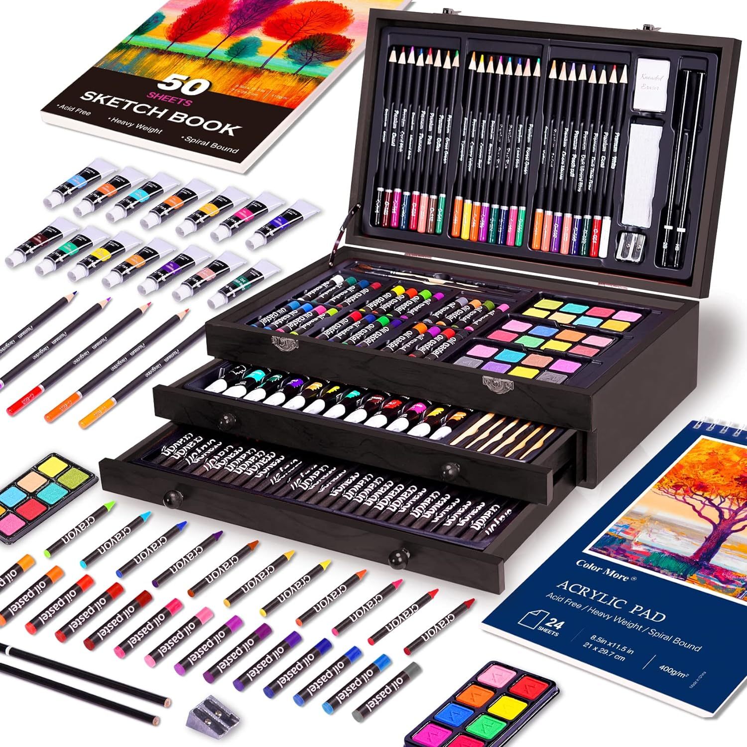 Juego de arte de lujo de 175 piezas con 2 almohadillas para orejas de dibujo, pinturas acrílicas, lápices de colores, juego de pintura en caja de madera, kit de arte profesional, suministros de arte