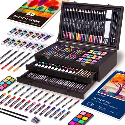 Juego de arte de lujo de 175 piezas con 2 almohadillas para orejas de dibujo, pinturas acrílicas, lápices de colores, juego de pintura en caja de madera, kit de arte profesional, suministros de arte