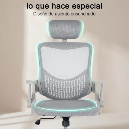 FurnitureR Silla Oficina Ergonómica con Reposacabezas, Silla Escritorio Malla Resistente con Soporte Lumbar, Silla Computadora con Base Metal, Asiento y Reposacabezas Ajustables Gris