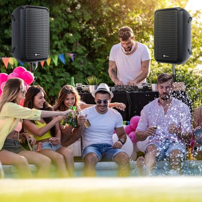 Sistema de PA de 2 vías integrado profesional portátil todo en uno, configuración fija, diseño de veliz con mezclador de 8 canales, 2 soportes de altavoces, Bluetooth, micrófono para