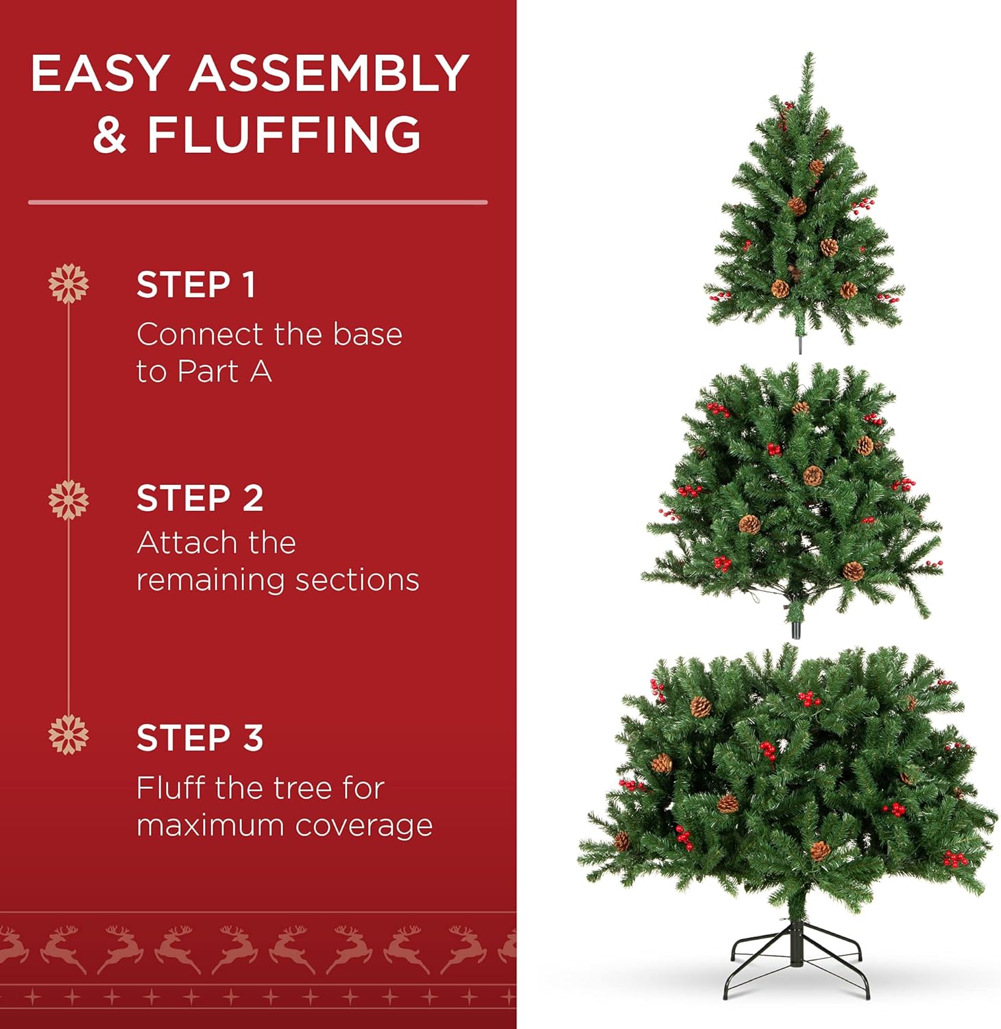 Best Choice Products - Árbol de Navidad artificial preiluminado de 6 pies predecorado con bisagras, con 798 puntas, piñas, bayas, 250 luces, base de metal