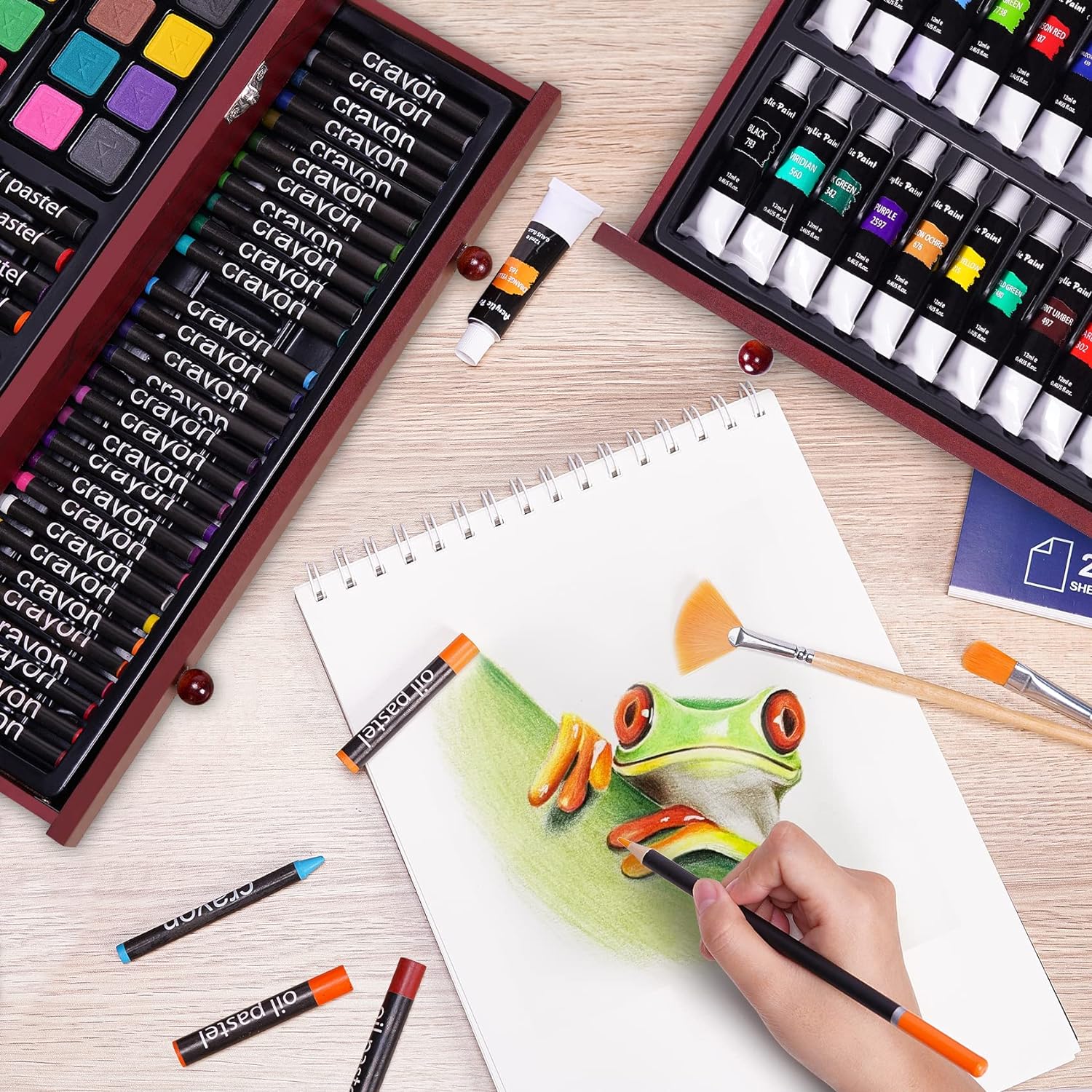 Juego de arte de lujo de 175 piezas con 2 almohadillas para orejas de dibujo, pinturas acrílicas, lápices de colores, juego de pintura en caja de madera, kit de arte profesional, suministros de arte