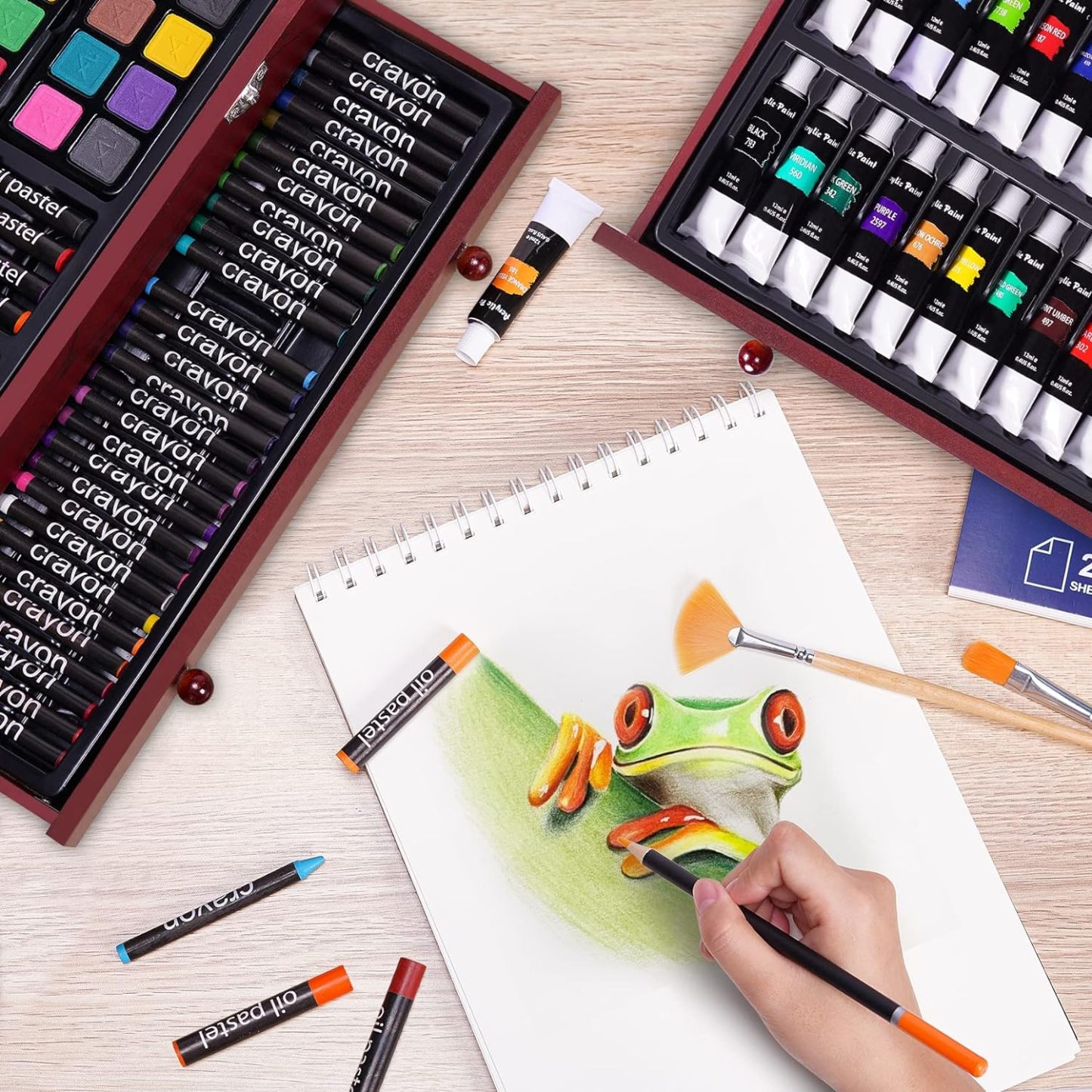 Juego de arte de lujo de 175 piezas con 2 almohadillas para orejas de dibujo, pinturas acrílicas, lápices de colores, juego de pintura en caja de madera, kit de arte profesional, suministros de arte