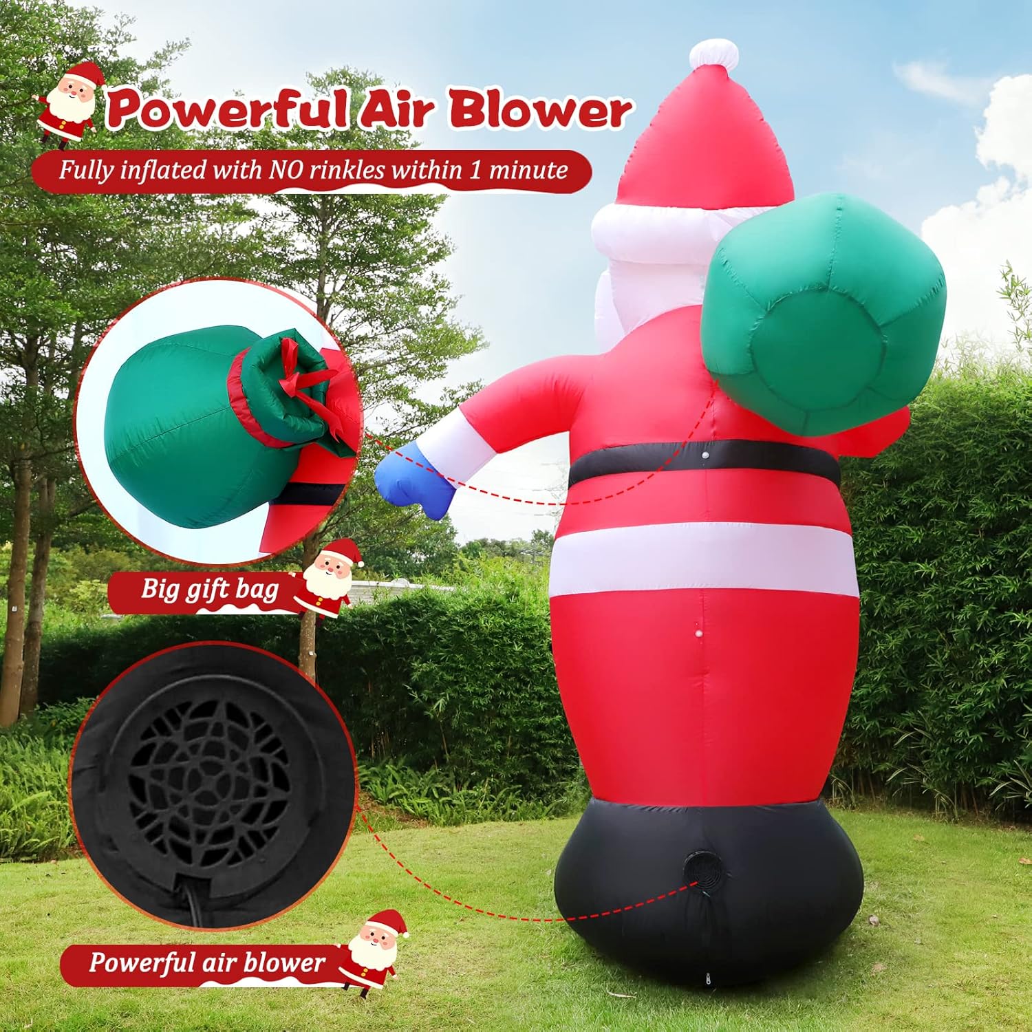 2.5M Enorme Papá Noel inflables de Navidad de para decoración al aire libre para patio, Bolsa de regalo de Santa Claus de Navideño para exterior, luces LED incorporadas, IP44 impermeable, para jardín
