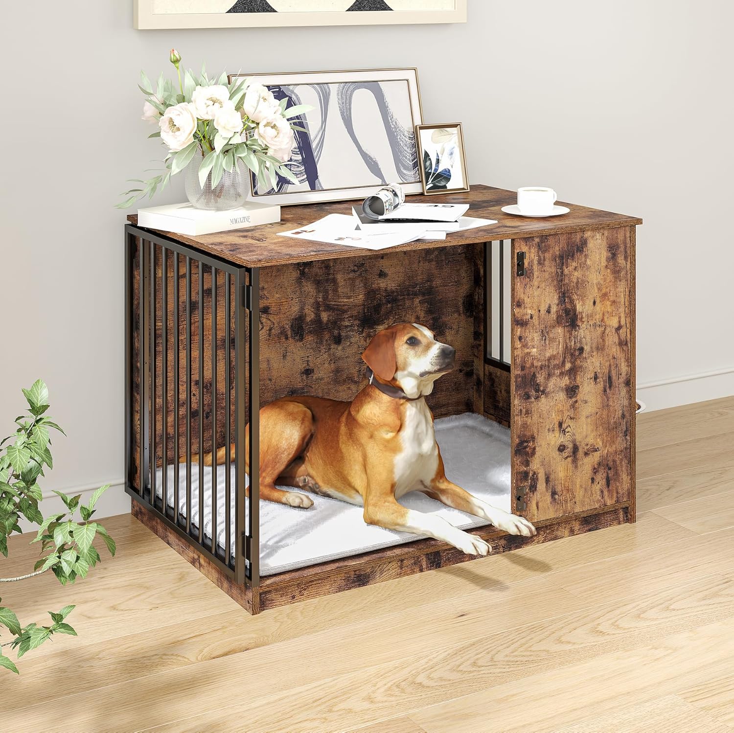MU:4LIFE Jaula Estilo Mueble para Perro, Puerta de Rotación 270°, 2 Tazones de Giratorios 360° y Cojín de Doble Cara. Casa de Perro de Uso Interior y Alta Resistencia (Atigrado, Mediano)