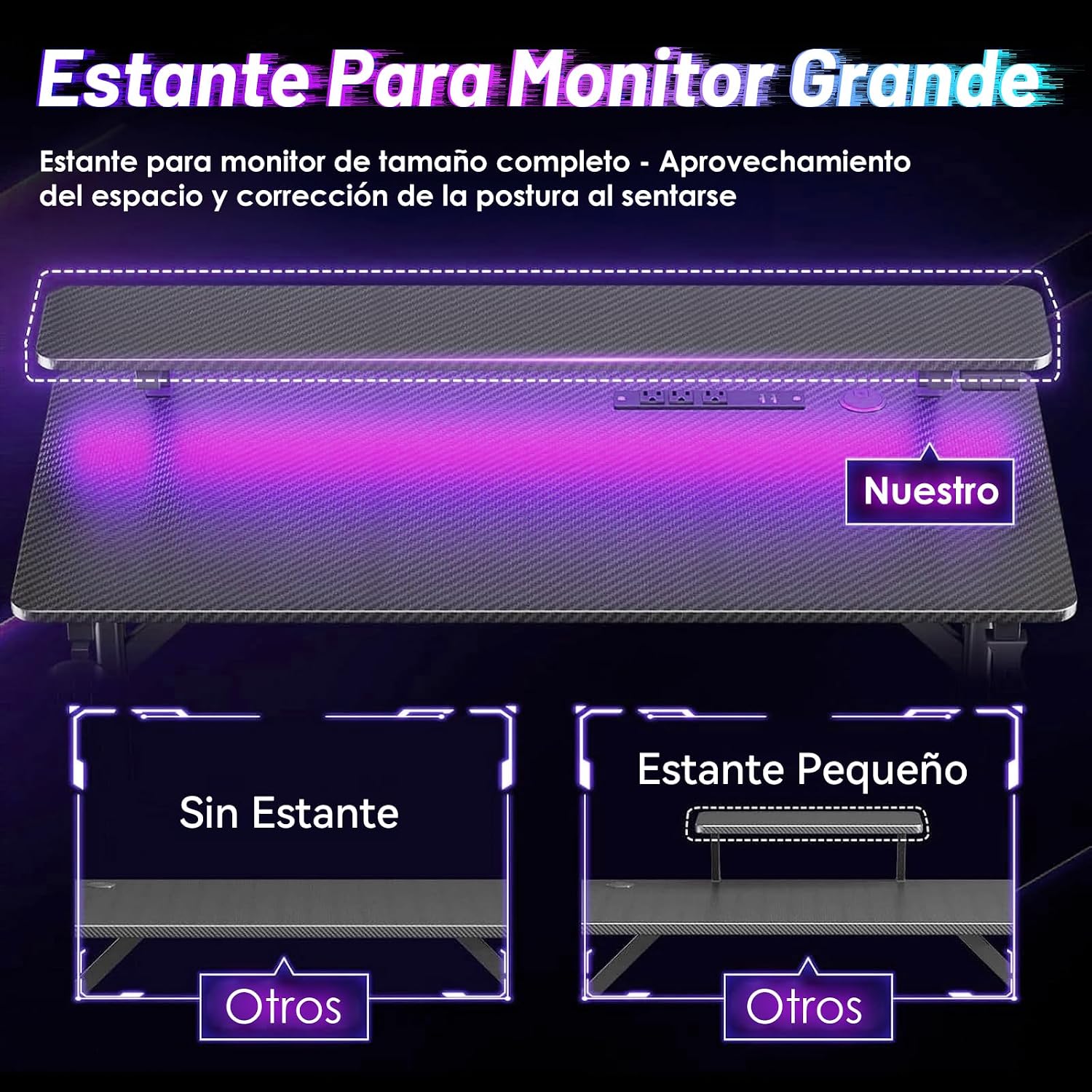 🎧SAFONUS Escritorio Gamer RGB 1M con Luces LED, Soporte para Monitor | 🎮Enchufes Integrados, Gancho para Audífonos, Superficie de Fibra de Carbono Impermeable, Mesa para PC Gaming Negra