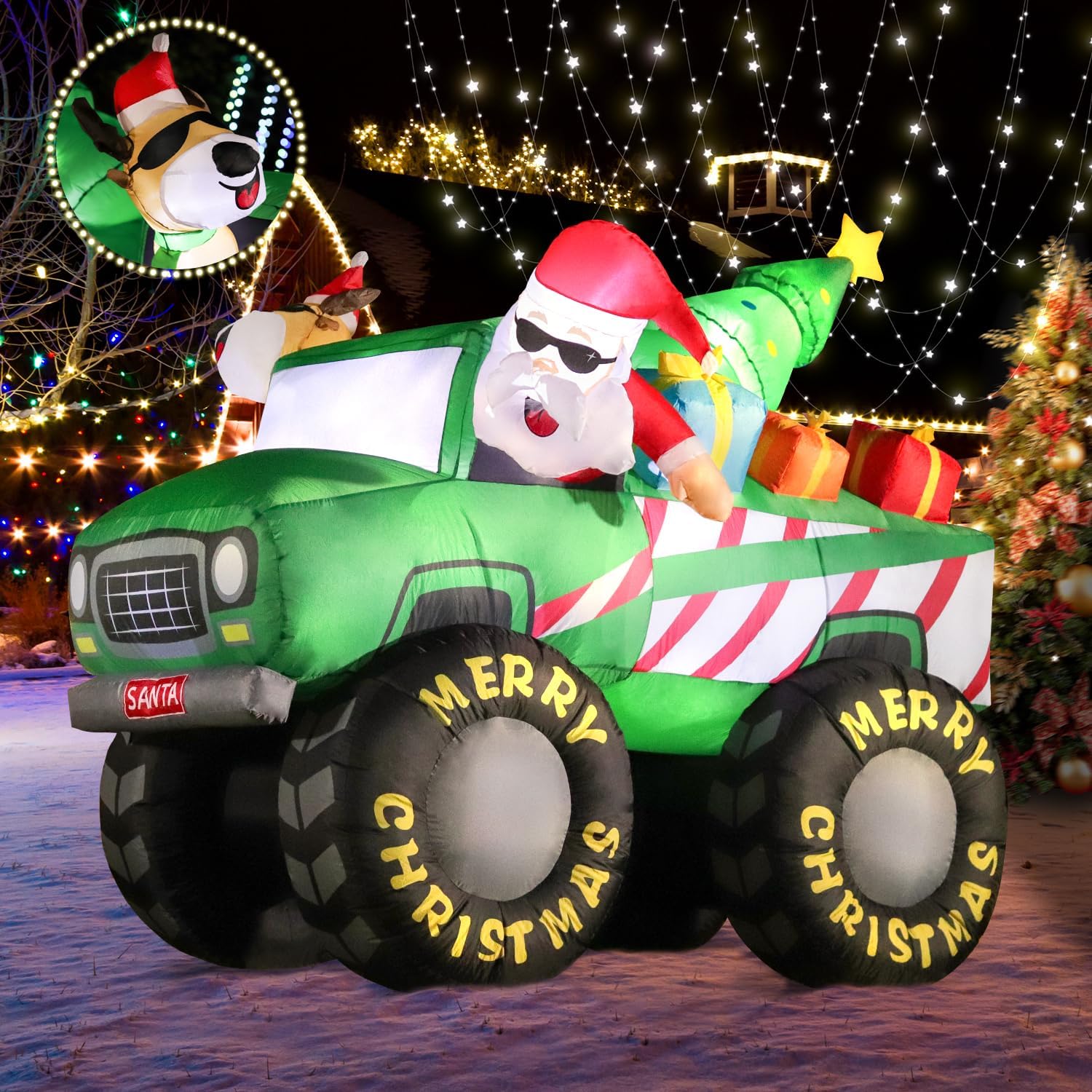DomKom - Inflable de Navidad 2.1m, Santa Claus y Reno conduciendo Monster Truck, decoración Gigante para jardín con Luces LED integradas, Ideal para Fiestas al Aire Libre
