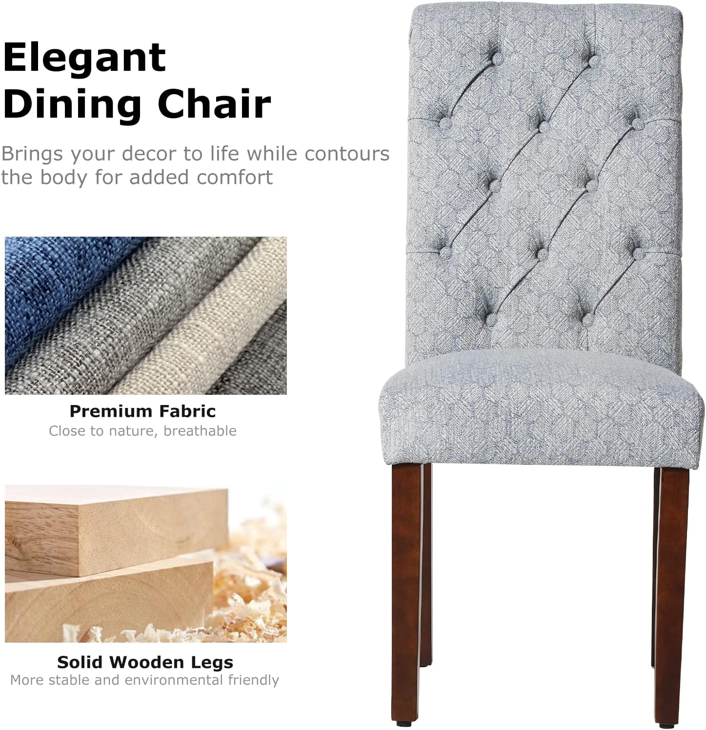 COLAMY - Juego de 6 sillas de Comedor con Botones y tapizadas, con Patas de Madera Maciza y Asiento Acolchado para Comedor, Cocina, Color Gris