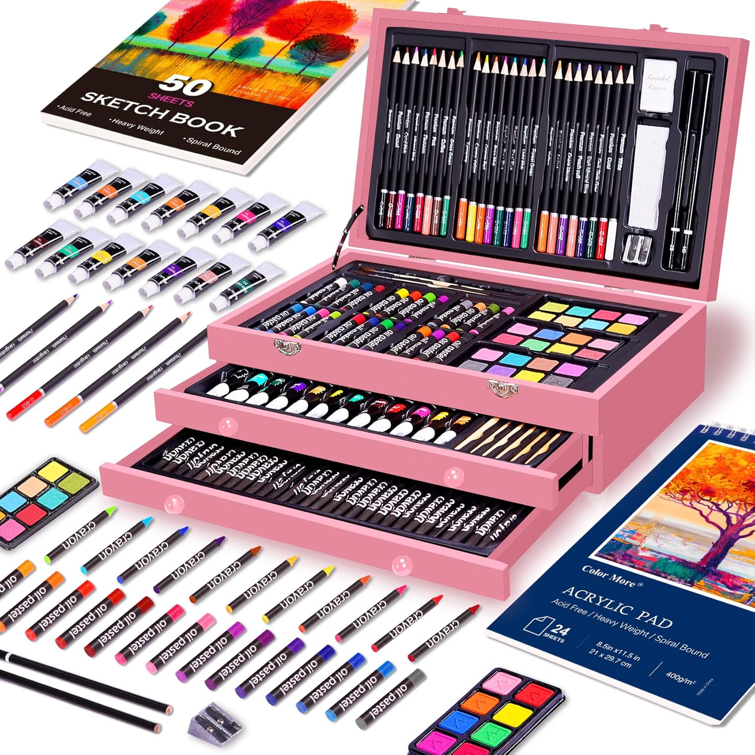 Juego de arte de lujo de 175 piezas con 2 almohadillas para orejas de dibujo, pinturas acrílicas, lápices de colores, juego de pintura en caja de madera, kit de arte profesional, suministros de arte