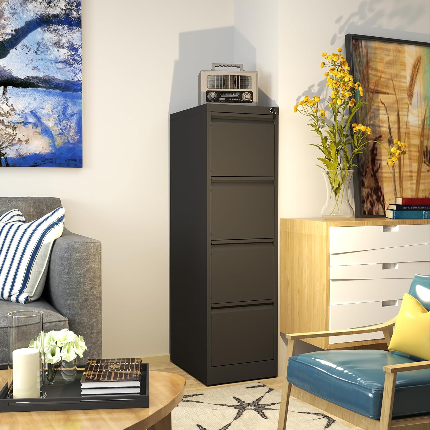 AQY - Archivador vertical de 4 cajones con cerradura, archivador vertical de metal para oficina en casa, archivadores de 18 pulgadas de profundidad para colgar carpetas legales o tamaño carta,