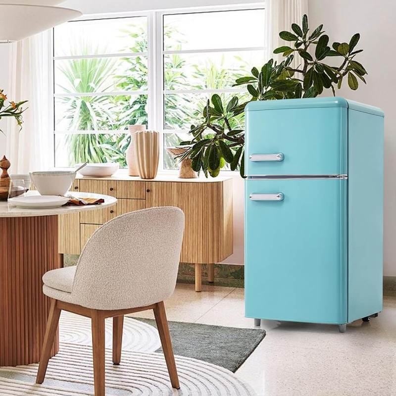 Refrigerador Retro Doble Puerta — 72L, Congelador 21L, Clase E, LED, 39 dB