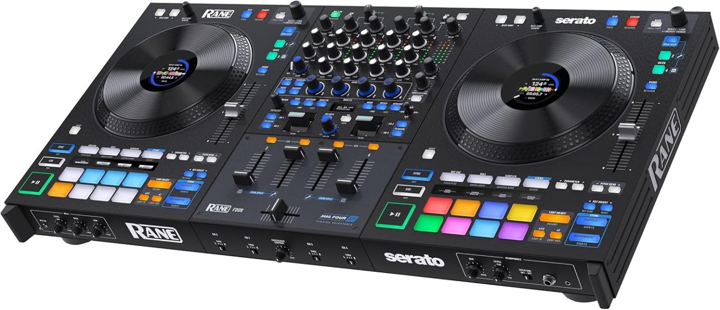 Rane FOUR Controlador DJ Stems Avanzado, 4 Canales - Jog Wheels de 8.5" + Displays, Mezclador DJ con FX Internos, Serato DJ Pro + Pitch 'n Time DJ