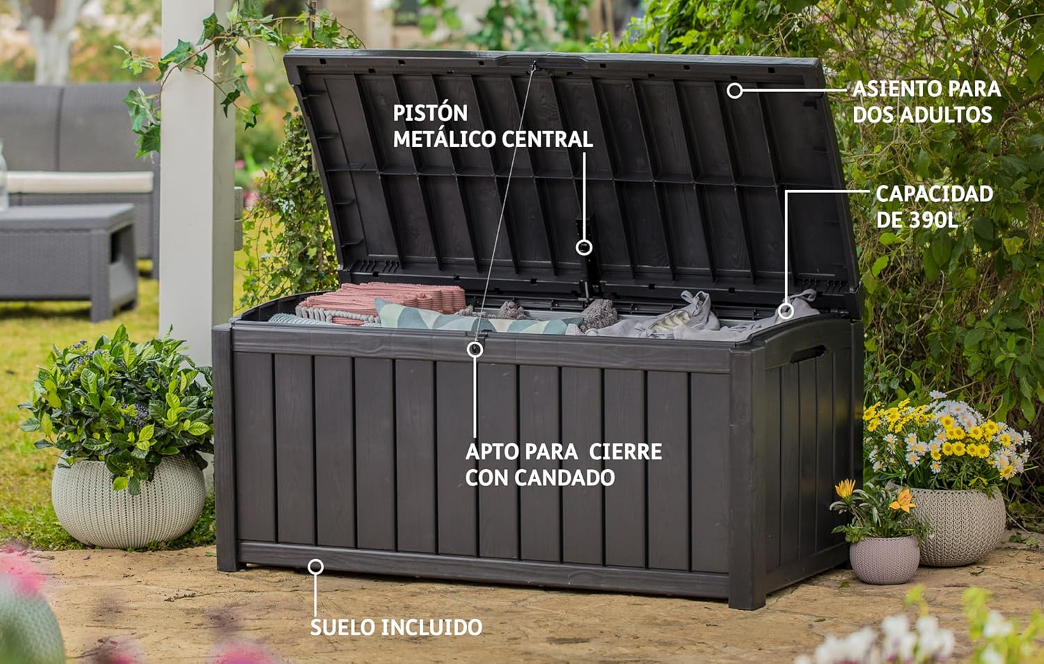 KETER Caja de Almacenamiento Glenwood, 390 Litros, Baul de Jardin, Color Marrón, polipropileno