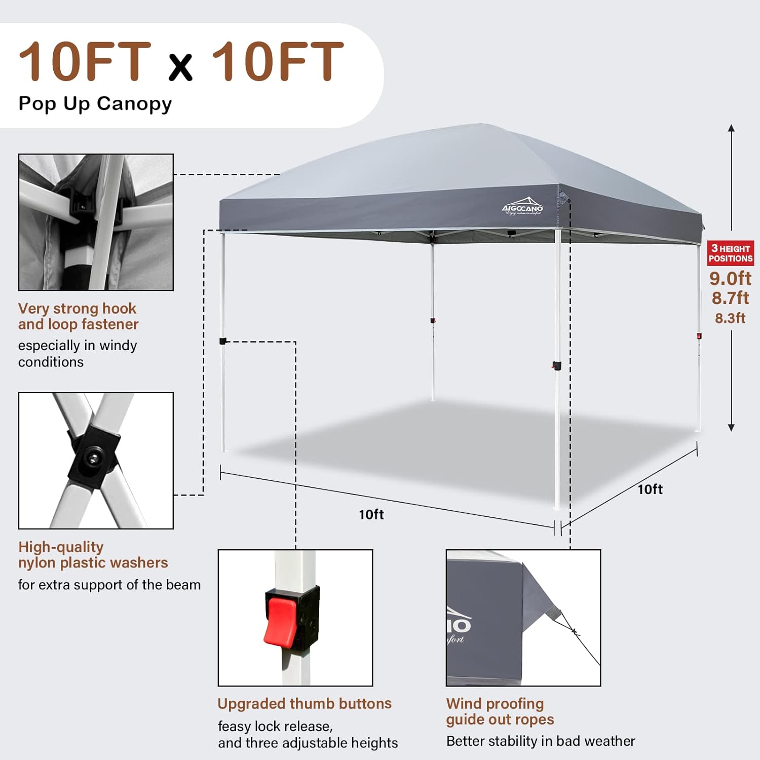 AIGOCANO Tienda de campaña para exteriores, toldo desplegable de 10 x 10 pulgadas, tiendas de campaña instantáneas para fiestas con bolsa enrollable, 4 bolsas de arena, toldos portátiles fáciles de subir (gris)