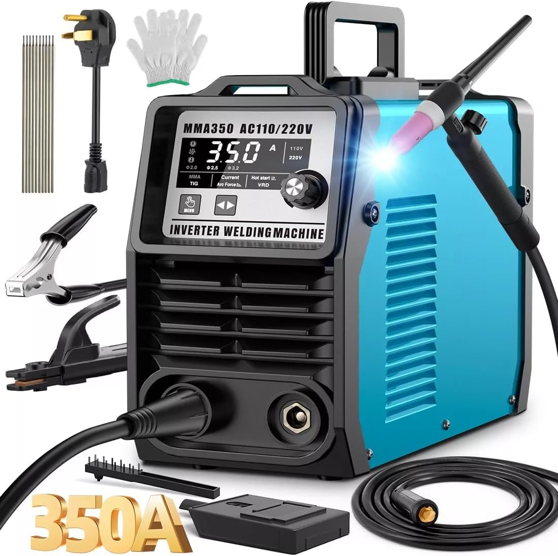 Máquina de Soldar Inverter 2 en 1, 350A, Dual Voltaje 110V/220V, MMA/TIG, Control Digital, Arco Estable con Funciones de Protección y Sistema de Disipación de Calor Eficiente