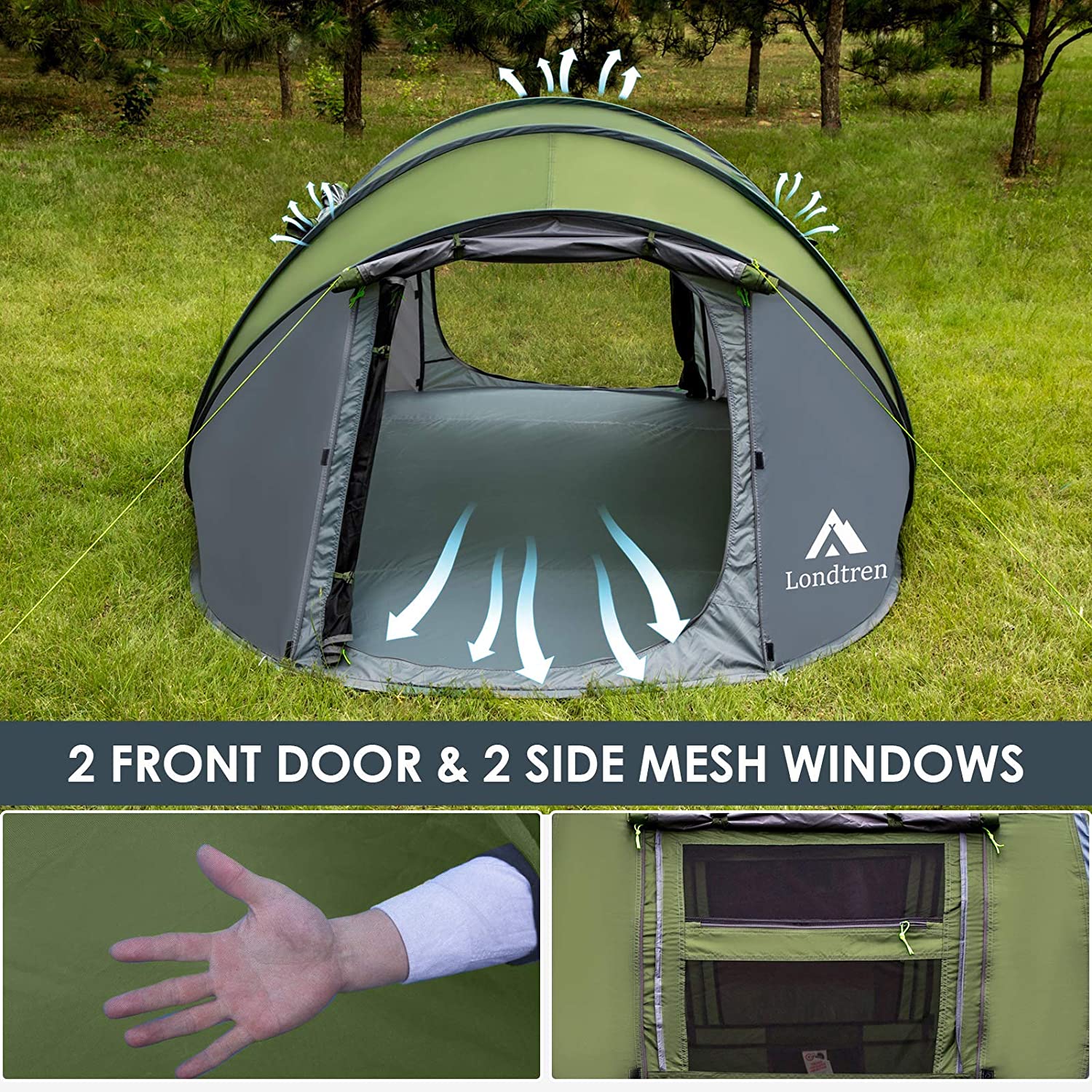 Tienda de campaña para 4 personas, fácil de desplegar e impermeable, configuración automática, 2 puertas, tiendas de campaña familiares instantáneas para camping, senderismo y viajes