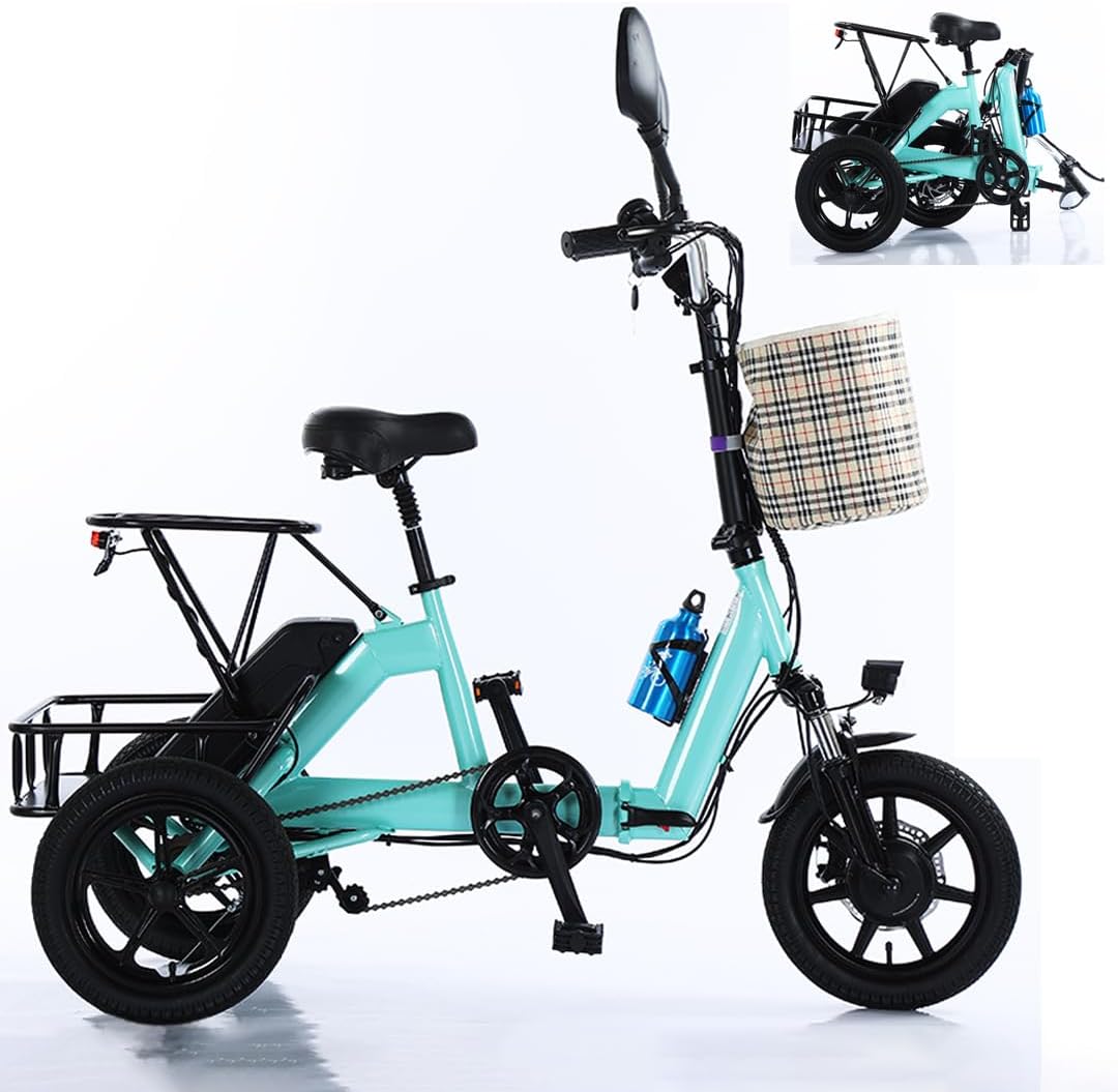 Triciclo eléctrico para adultos, neumático de 14 pulgadas, 3 ruedas, plegable, motor E, 48 V, 350 W, batería extraíble de 10.4 AH, pantalla LCD, bicicleta eléctrica todo terreno de tres ruedas,