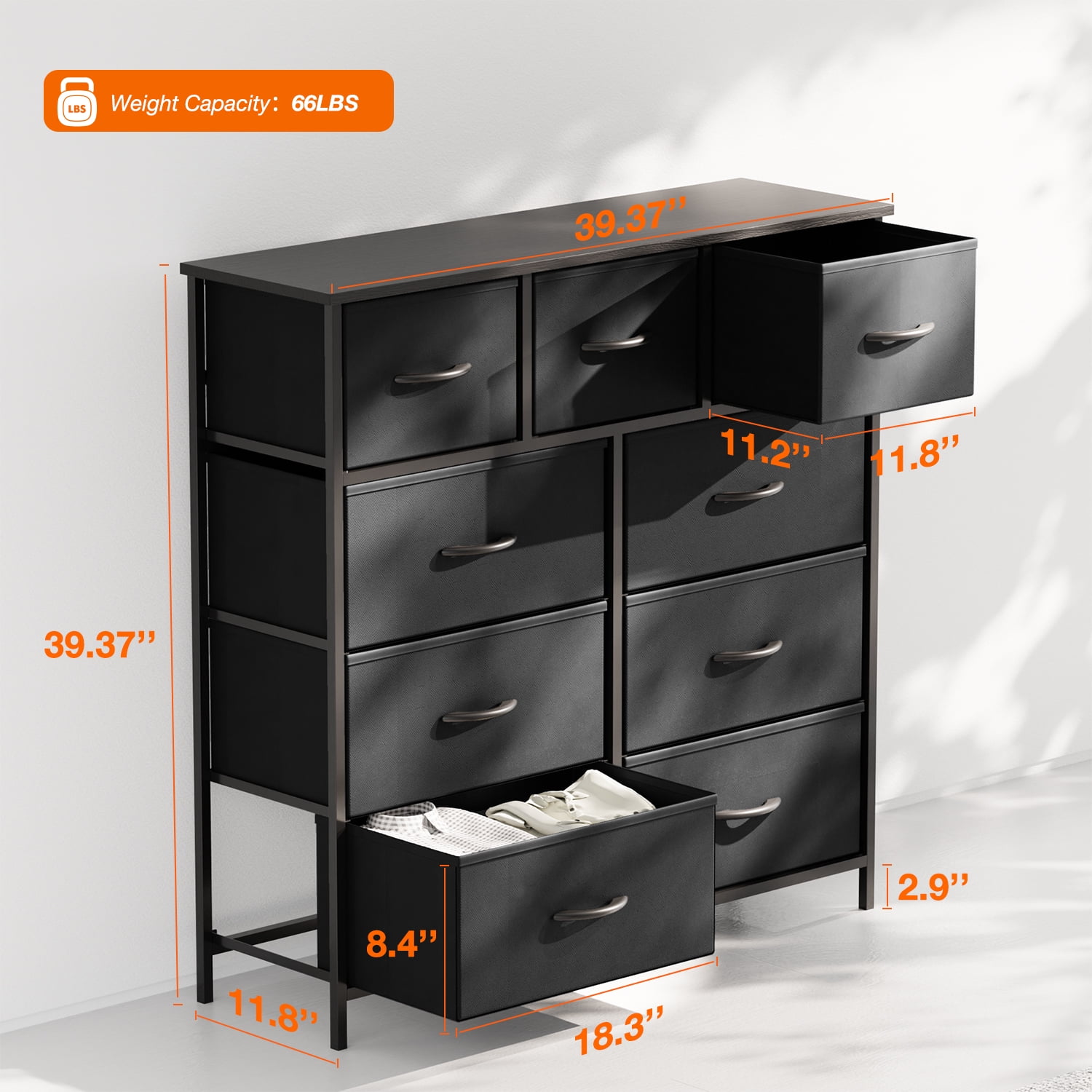 Yanming Cómoda de Tela con 9 cajones, Estructura de Acero y Tapa de Madera para Dormitorio, Armario, Entrada