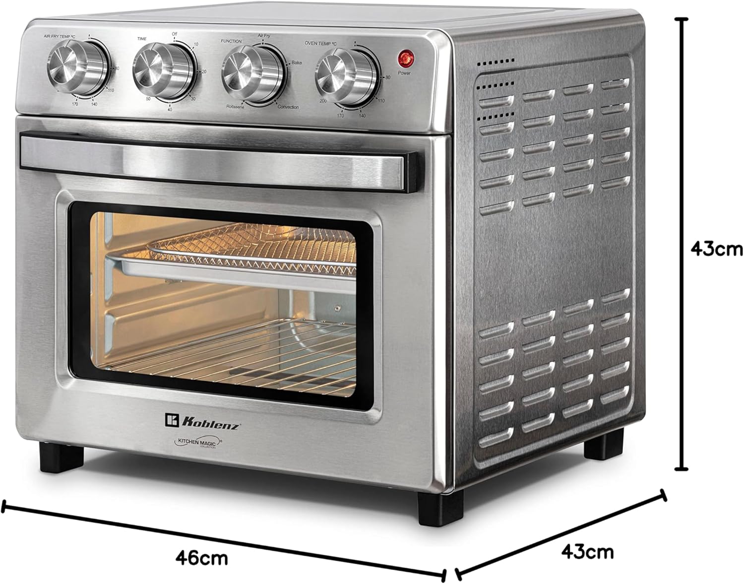 Horno Freidora de Aire Koblenz de 25 Litros, 7 en 1 Fríe sin Aceite, Asa, Gratina, Dora, Tuesta, Calienta, Rostiza, 7 accesorios, 1400 W, Control con Perilla, acero inoxidable (HFKM-1400 IN)