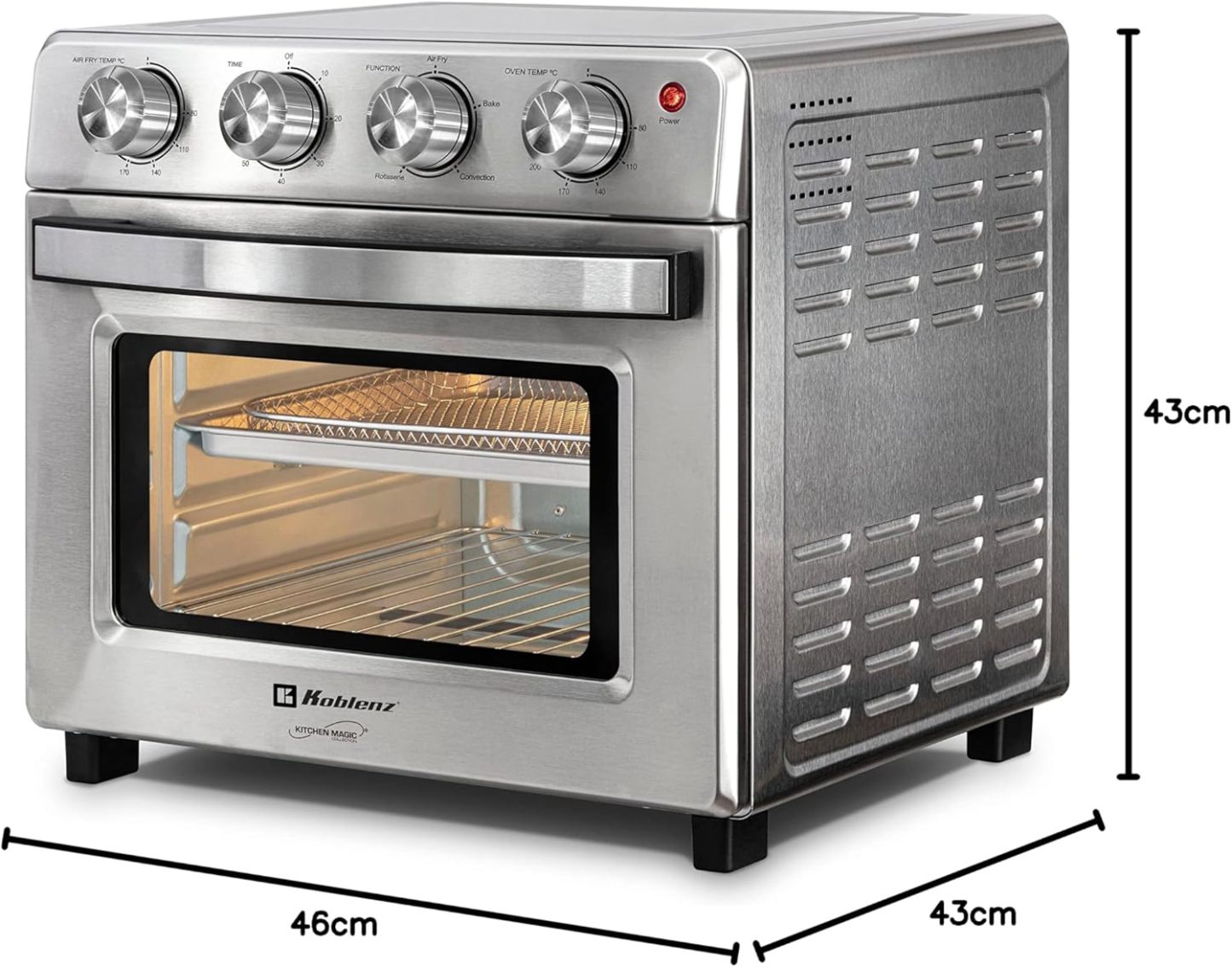 Horno Freidora de Aire Koblenz de 25 Litros, 7 en 1 Fríe sin Aceite, Asa, Gratina, Dora, Tuesta, Calienta, Rostiza, 7 accesorios, 1400 W, Control con Perilla, acero inoxidable (HFKM-1400 IN)