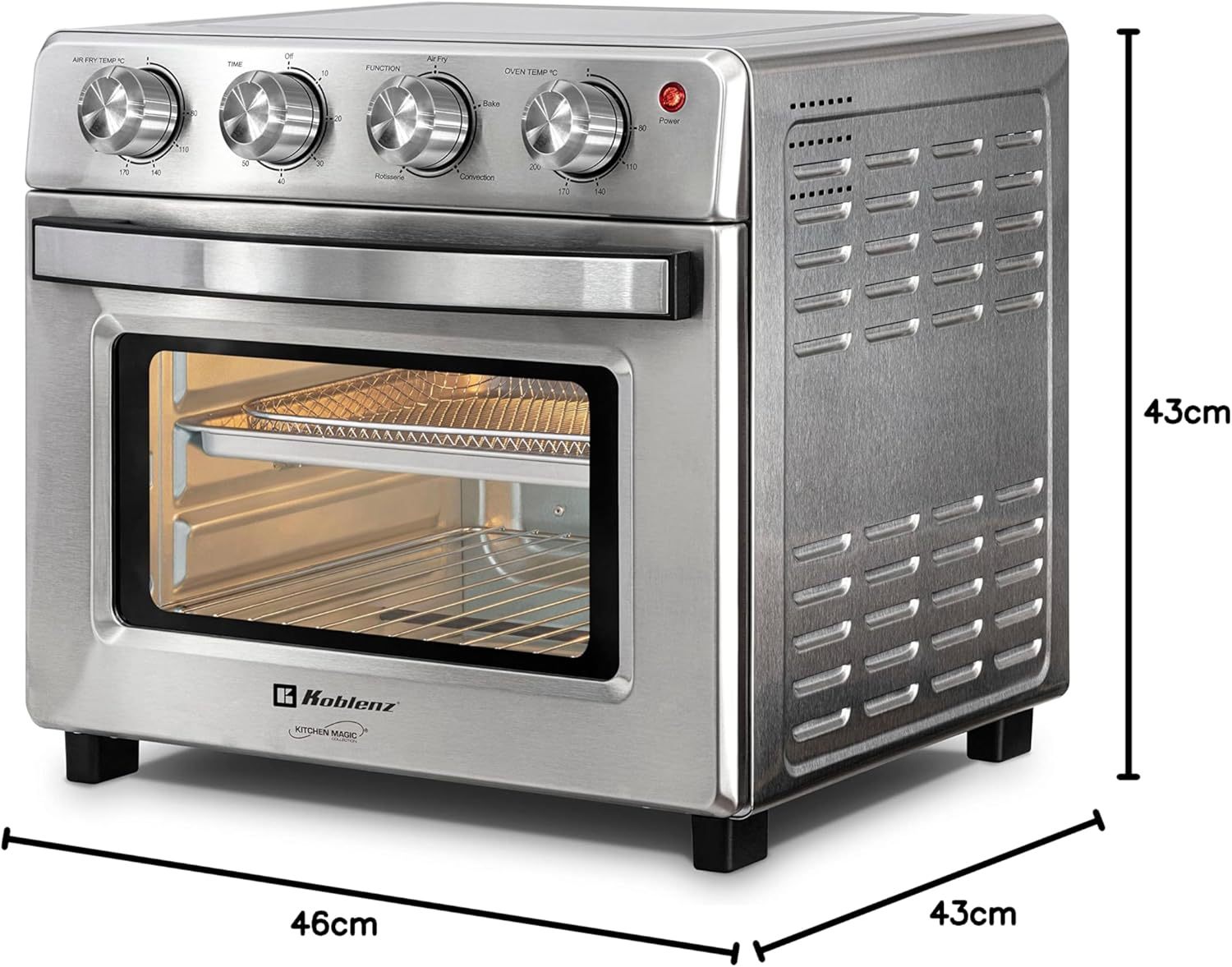 Horno Freidora de Aire Koblenz de 25 Litros, 7 en 1 Fríe sin Aceite, Asa, Gratina, Dora, Tuesta, Calienta, Rostiza, 7 accesorios, 1400 W, Control con Perilla, acero inoxidable (HFKM-1400 IN)