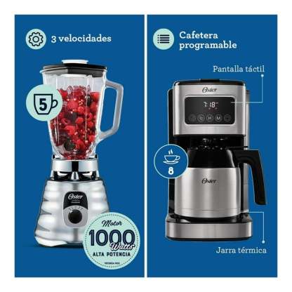 Combo Oster 5 Elementos licuadora, Cafetera, batidora, wafflera y exprimidor de jugos Negro con Plata