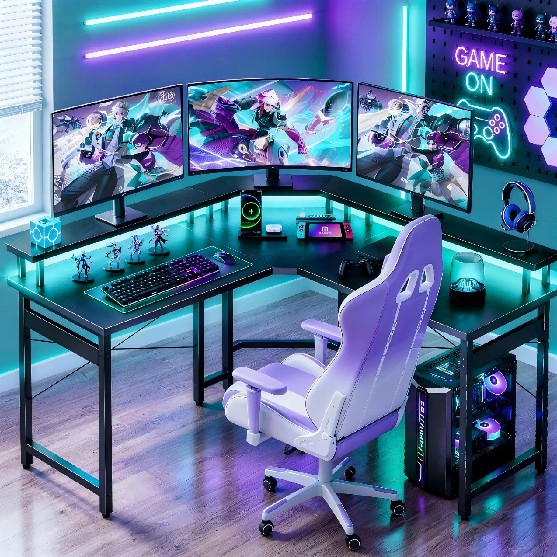 Escritorio Gamer En Forma De L Con Luz Led , Toma Y Soporte