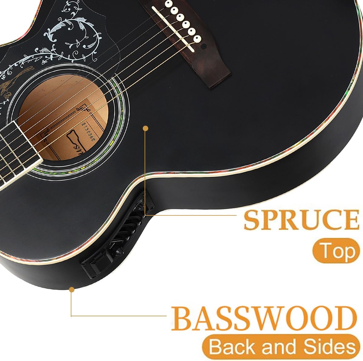 Kit de guitarra eléctrica acústica de 39 pulgadas con ecualizador de 4 bandas con estuche, juego de cuerdas, capo, paño de limpieza, afinador, púas, correa para el hombro y cable (Black)
