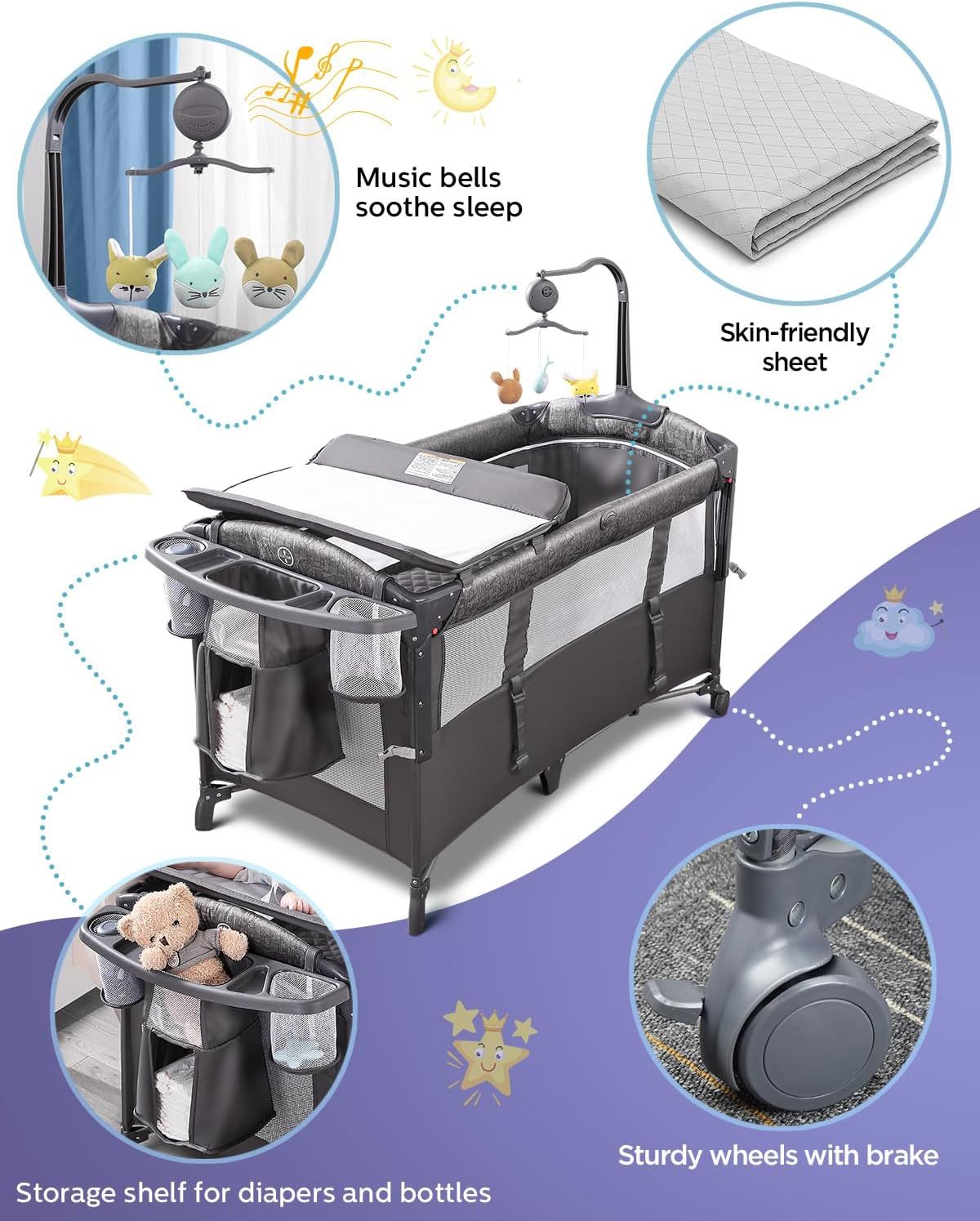ADOVEL Cuna nocturna para bebé, Pack and Play, viene con colchón, cambiador y parque para recién nacidos y niños pequeños-----Toallitas para babas