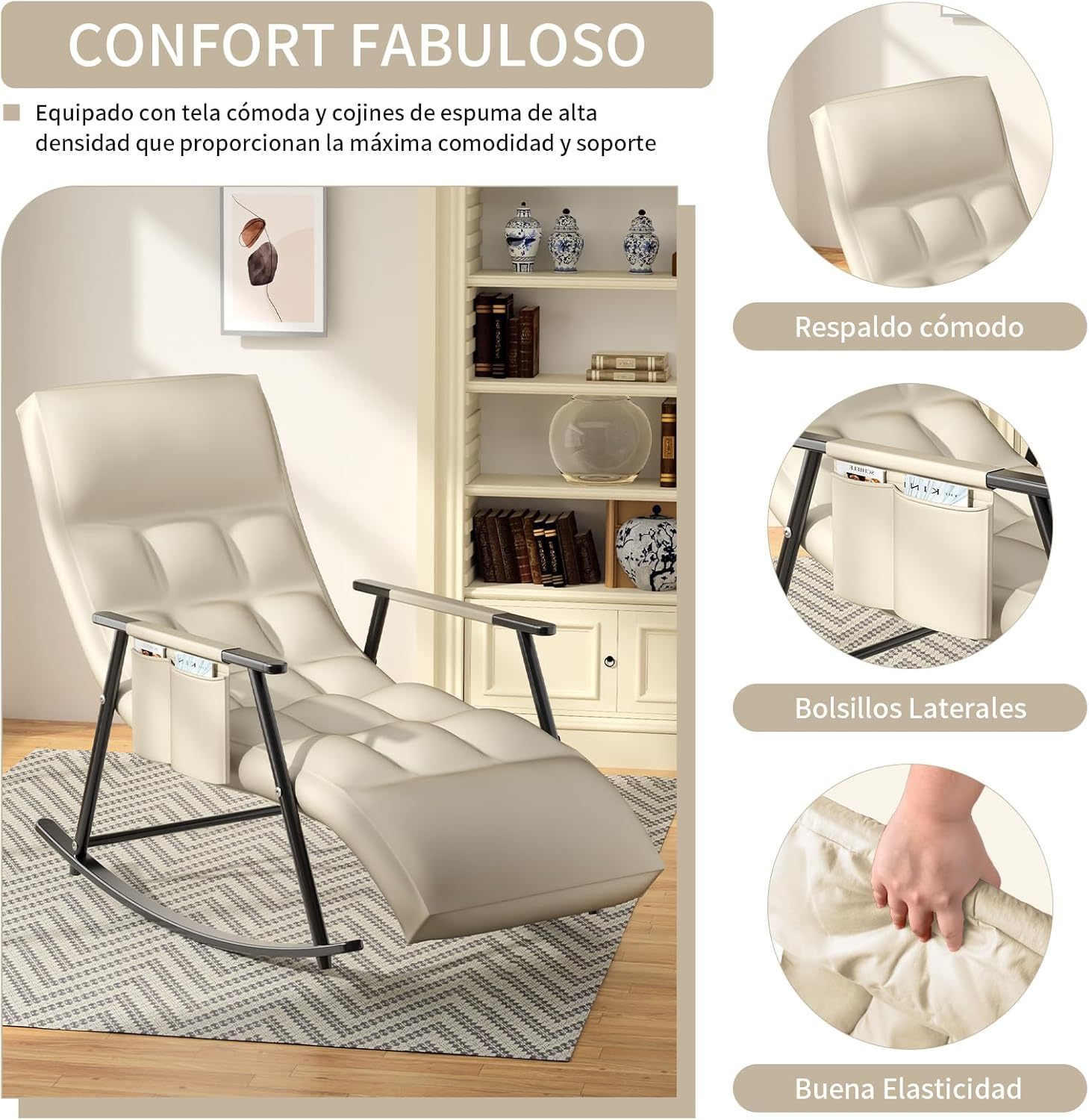 Sillas Mecedora, sillón reclinable Mecedora con Respaldo Regulable y reposapiernas, Sillón Reclinable para Salón, Dormitorio, balcón y Oficina, Puede soportar 300 kg (Blanquecino)
