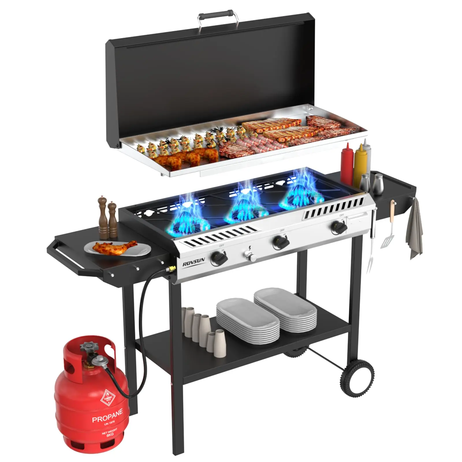 Estufa de gas propano para exteriores de 2/3 quemadores con plancha, encendido automático, regulador y estantes laterales; potente cocina con soporte de 150.000/225.000 BTU, ideal para cocinar en el patio trasero, elaboración casera de bebidas, envasado,