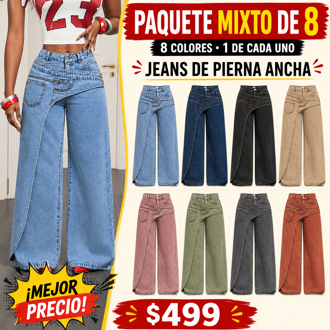 Jeans de pierna ancha y cintura alta para mujer con cintura asimétrica – Pantalones vaqueros holgados de lavado claro