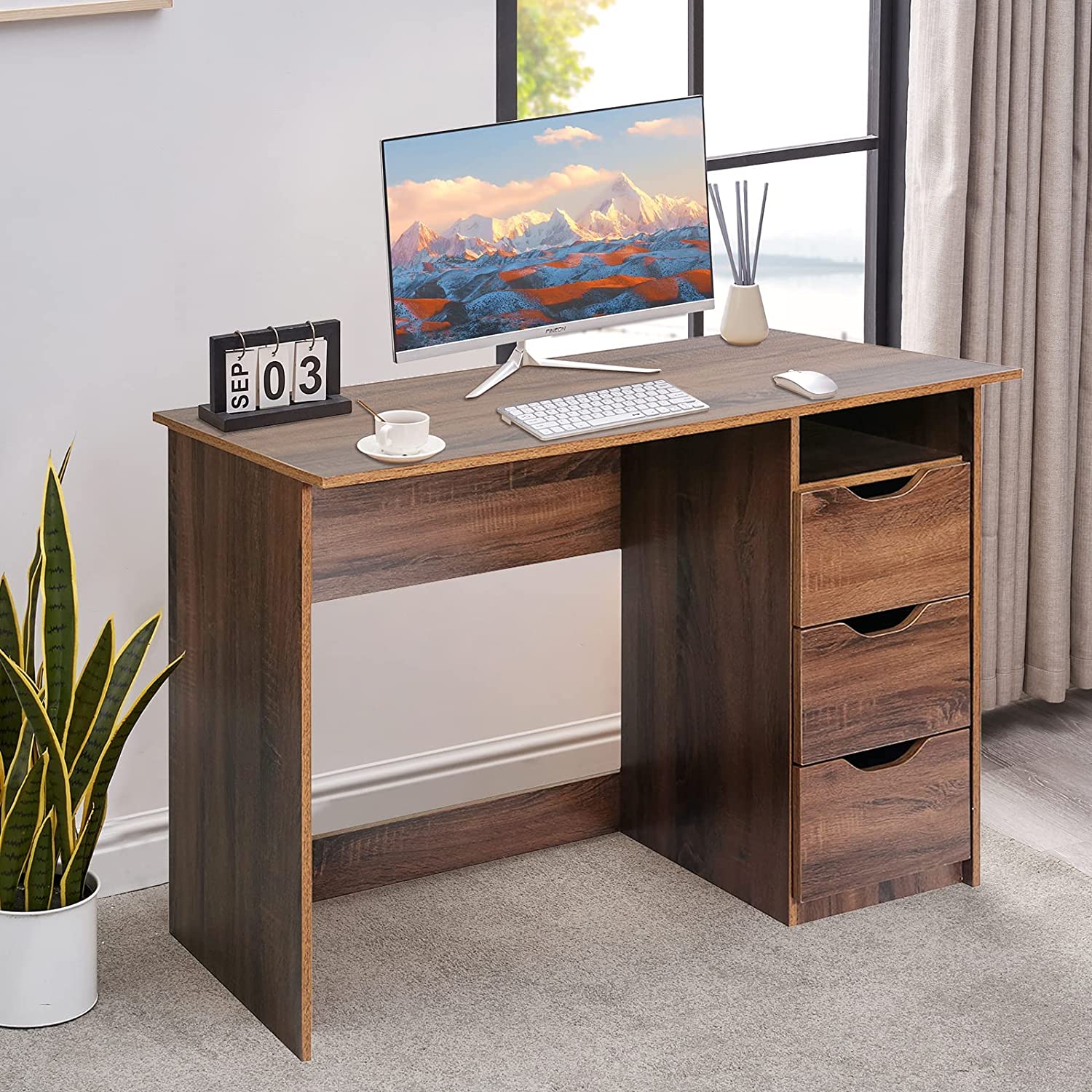 FurnitureR Escritorio para Computadora de Oficina con Almacenamiento Escritorio de Trabajo y Estudio con 5 Estantes Mesa Portátil para Estudiantes Escritorio de Escritura Moderno Haya y Blanco