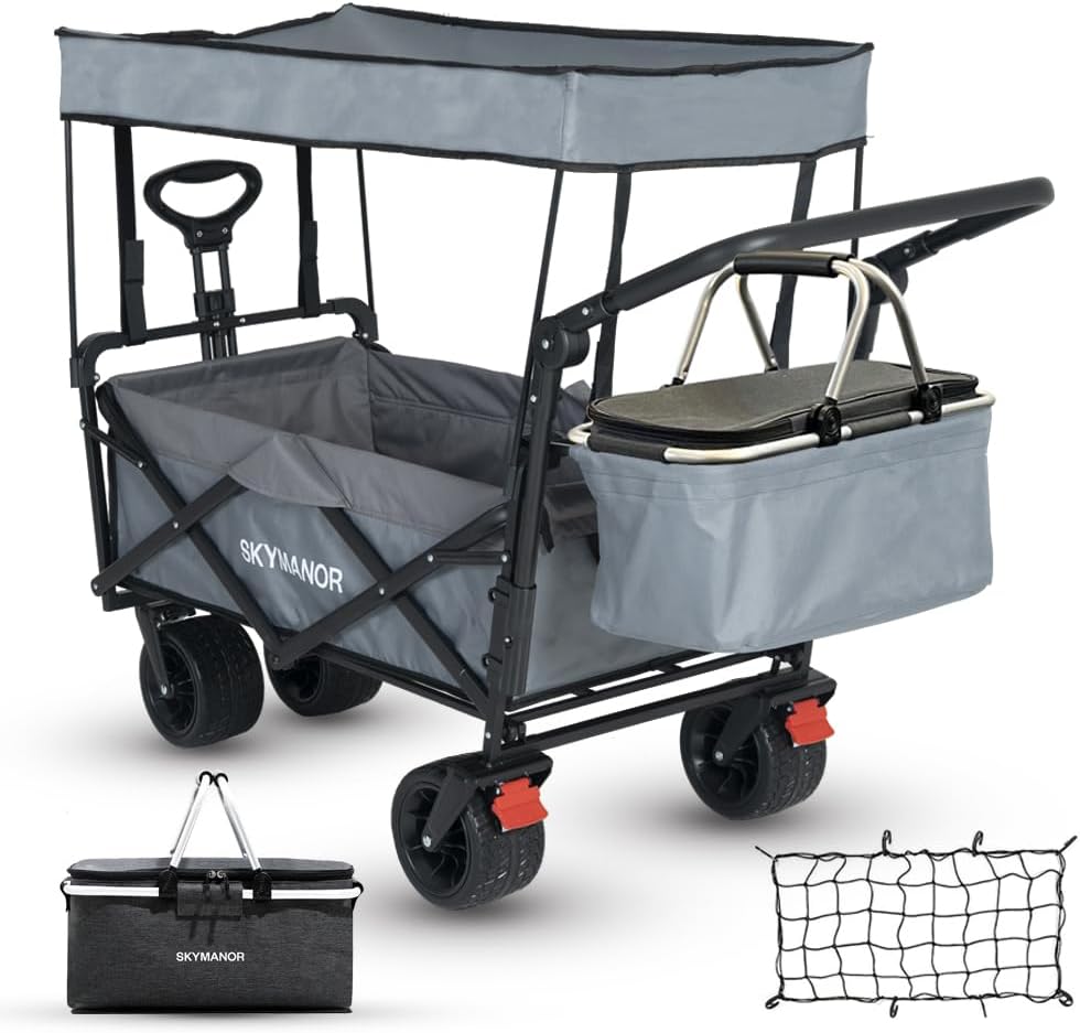 SKYMANOR Carro de jardín plegable 3 en 1 con toldo para niños y carga, carriola plegable EZ ruedas todo terreno, 300 libras, 2 portavasos para cinturón de seguridad, color negro, SKYDPBB