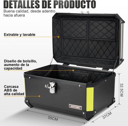 MOCOERL-Impermeable Baul Trasero Caja Moto Abs Respaldo Acojinado 60L Puede contener 2 casco Con cierre de seguridad de acero inoxidable Negro