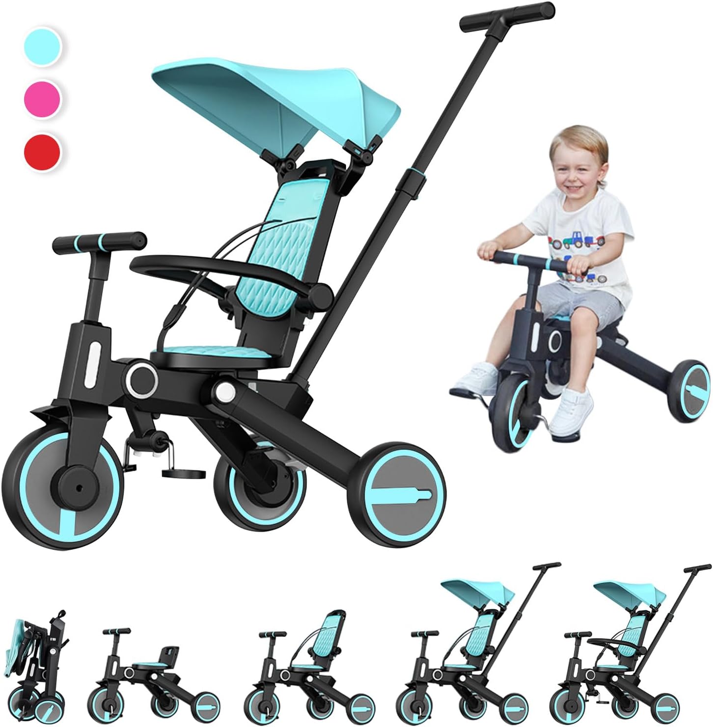 Triciclo de bebé 4 en 1, Bici polivalente, cochecito de dirección plegable, bicicleta de aprendizaje con barandilla desmontable, con toldo ajustable, arnés de seguridad, pedales plegable, freno, asa de empuje para padres, diseño de absorción de impactos,