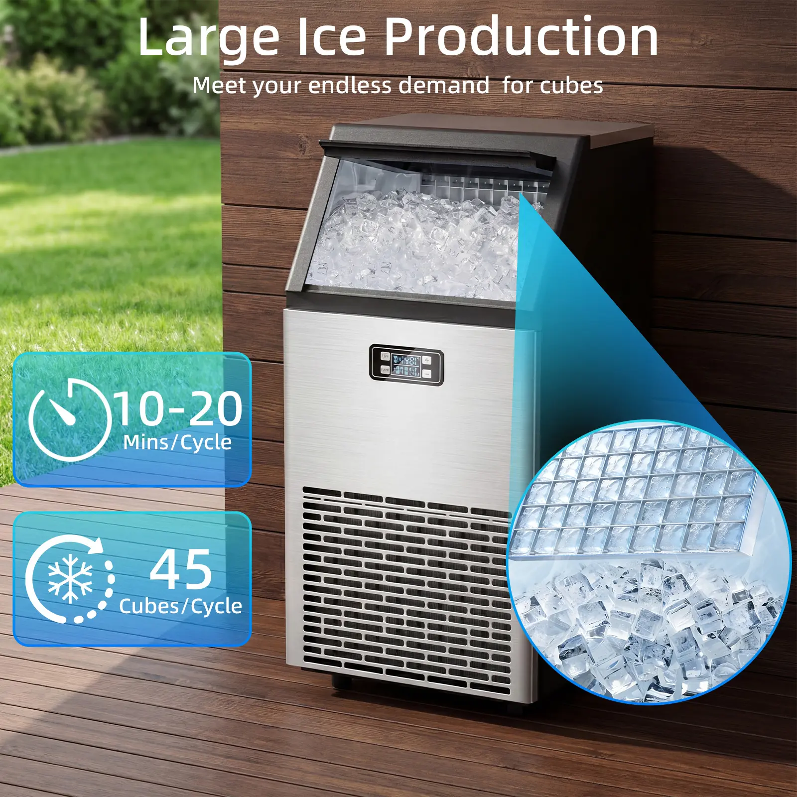 Máquina de Hielo Comercial V2.0, 100 lbs, Agua 2 Formas, Autolimpieza, Temporizador 24h, Cesta 33 lbs, Acero Inoxidable – Para Escuela, Hogar, Bar o RV