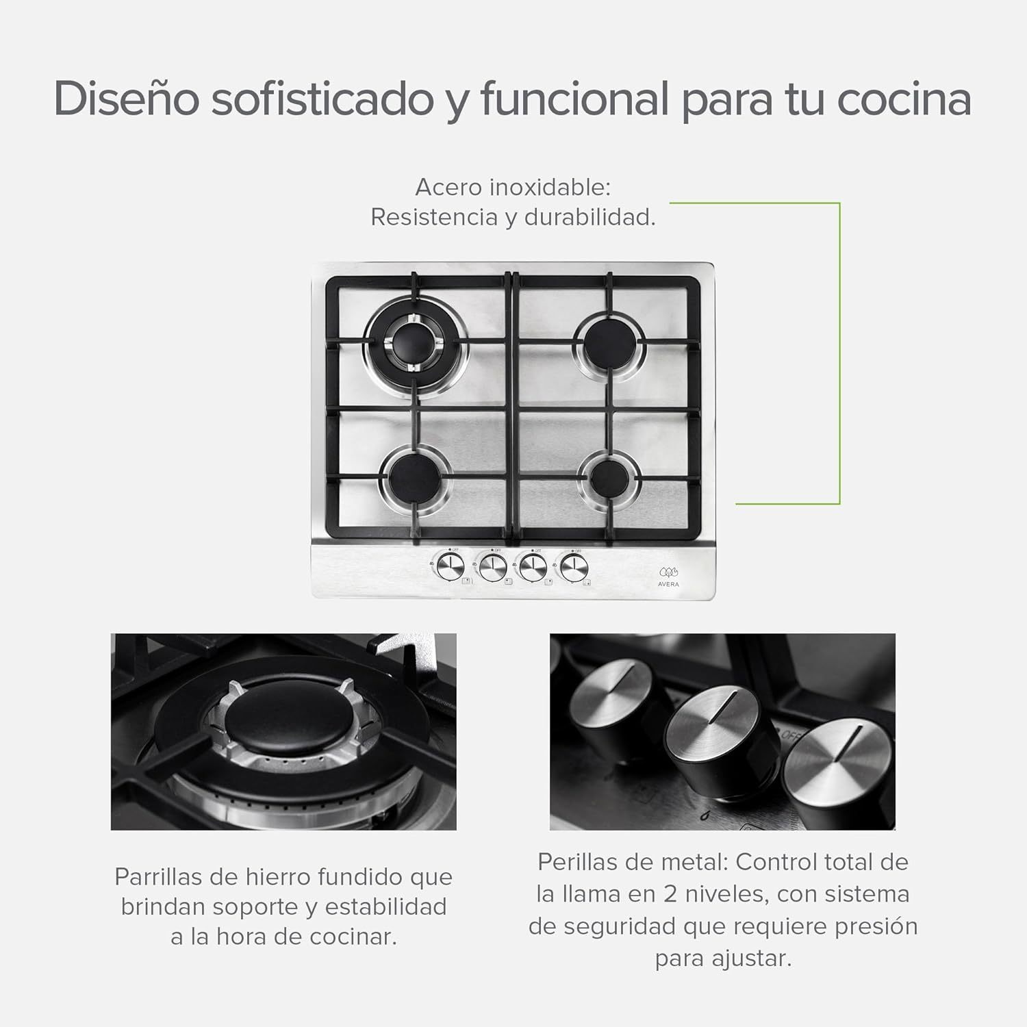 AVERA Parrilla de Gas 4 Quemadores, Acero Inoxidable 60cm (Incluye Accesorios para Instalarla), Encendido Electronico, Perillas Metalicas, Estufa Empotrable, para Gas LP y Gas Natural, AI4