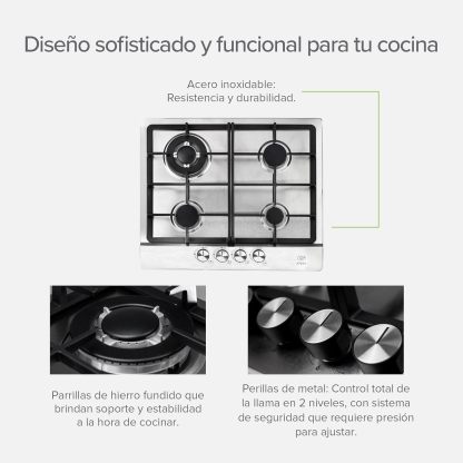 AVERA Parrilla de Gas 4 Quemadores, Acero Inoxidable 60cm (Incluye Accesorios para Instalarla), Encendido Electronico, Perillas Metalicas, Estufa Empotrable, para Gas LP y Gas Natural, AI4