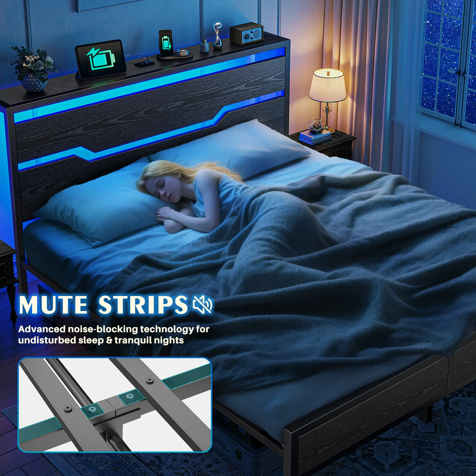 Estructura de cama Raybee con luces LED (tamaños Queen, King y Full), cabecero y estante de almacenamiento; diseño moderno e industrial de madera y metal con estación de carga integrada; silenciosa y resistente (capacidad de 900 libras); incluye somier de