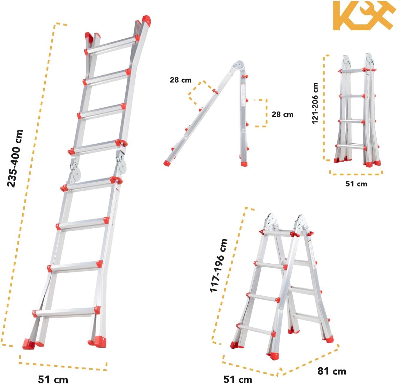 Kingsman | Escalera Multiposiciones 12 Peldaños con Charolas – Soporta hasta 150 kg – Escalera de Aluminio 3.5 MTS – Plegable – Escalera Multipropósito – Tipo Tijera – Andamio – Escalera Recta